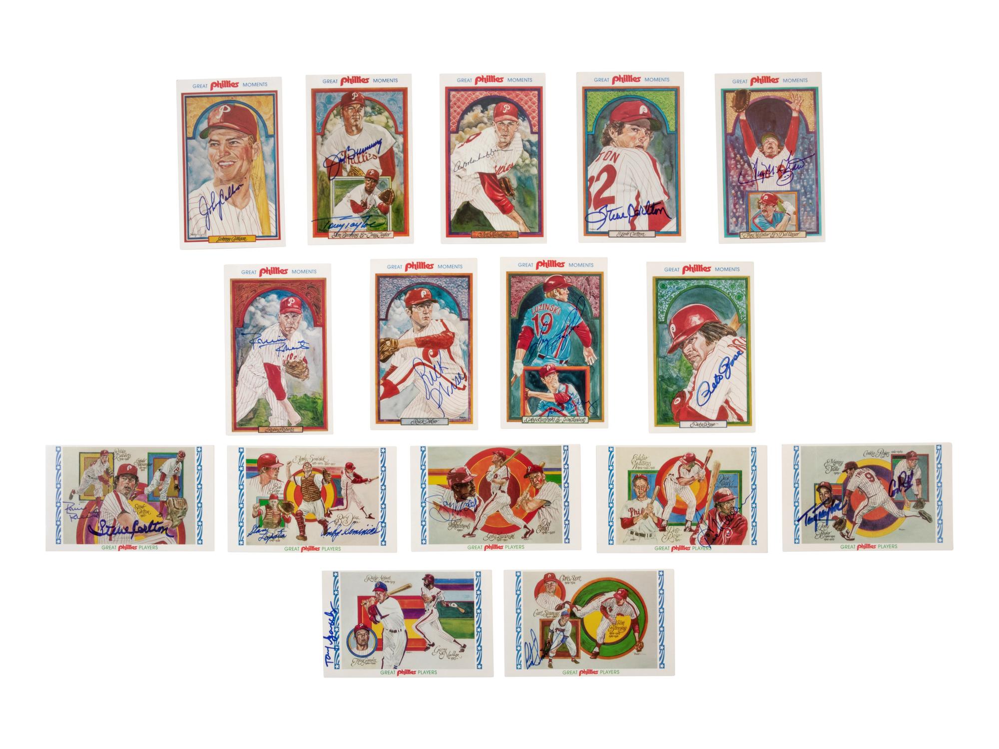 A Group of Perez-Steele Philadelphia Phillies Signed Postcards, including signed cards of Richie Ashburn, Steve Carlton, Tug McGraw, Joe Morgan, Robin Roberts and Pete Rose.