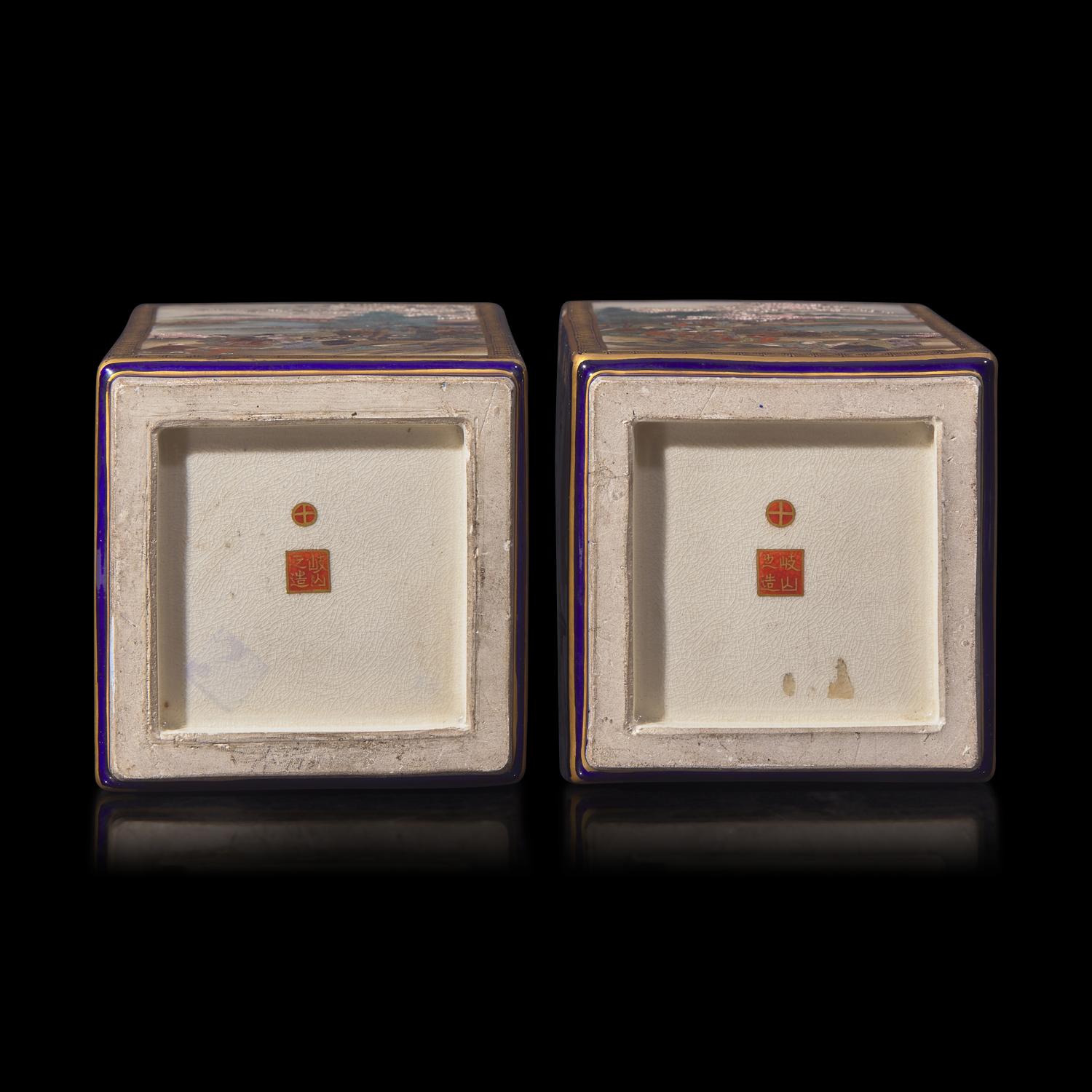 A Pair of Japanese Satsuma Vases, Signed Kizan, Meiji Period 本 明治時代 日岐山造款薩摩燒方瓶一對