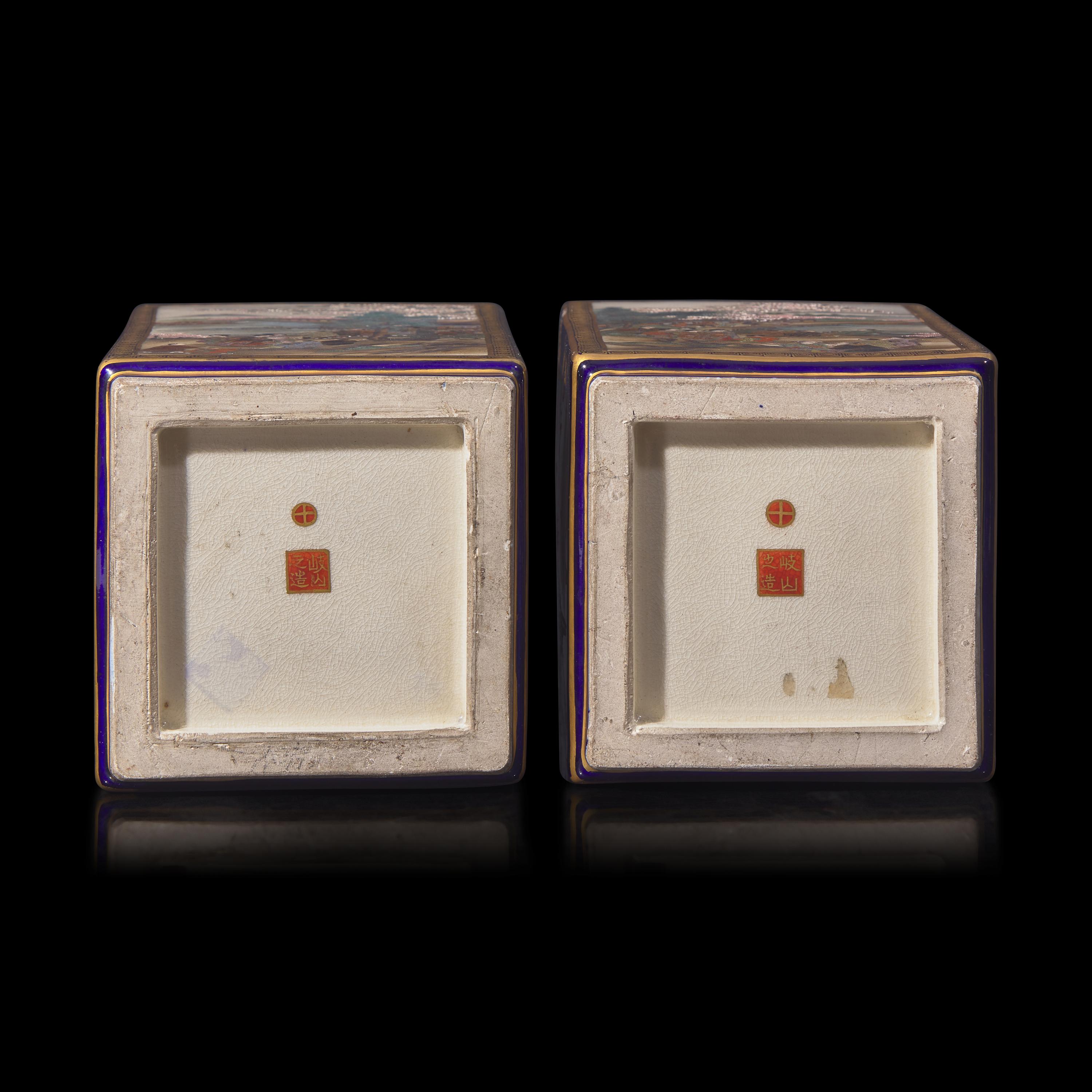 A Pair of Japanese Satsuma Vases, Signed Kizan, Meiji Period 本 明治時代 日岐山造款薩摩燒方瓶一對
