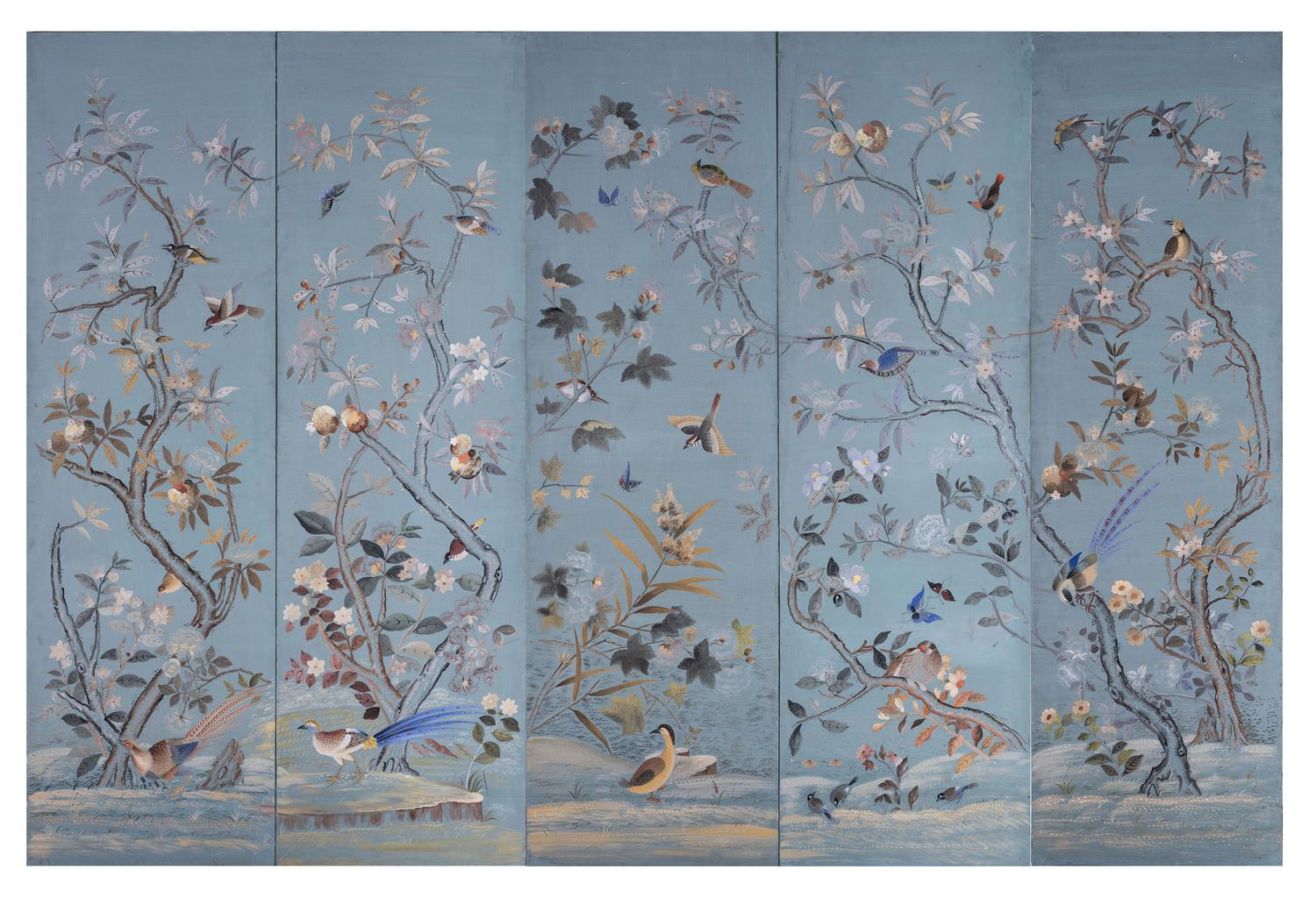 A Painted Canvas Five-Panel Screen