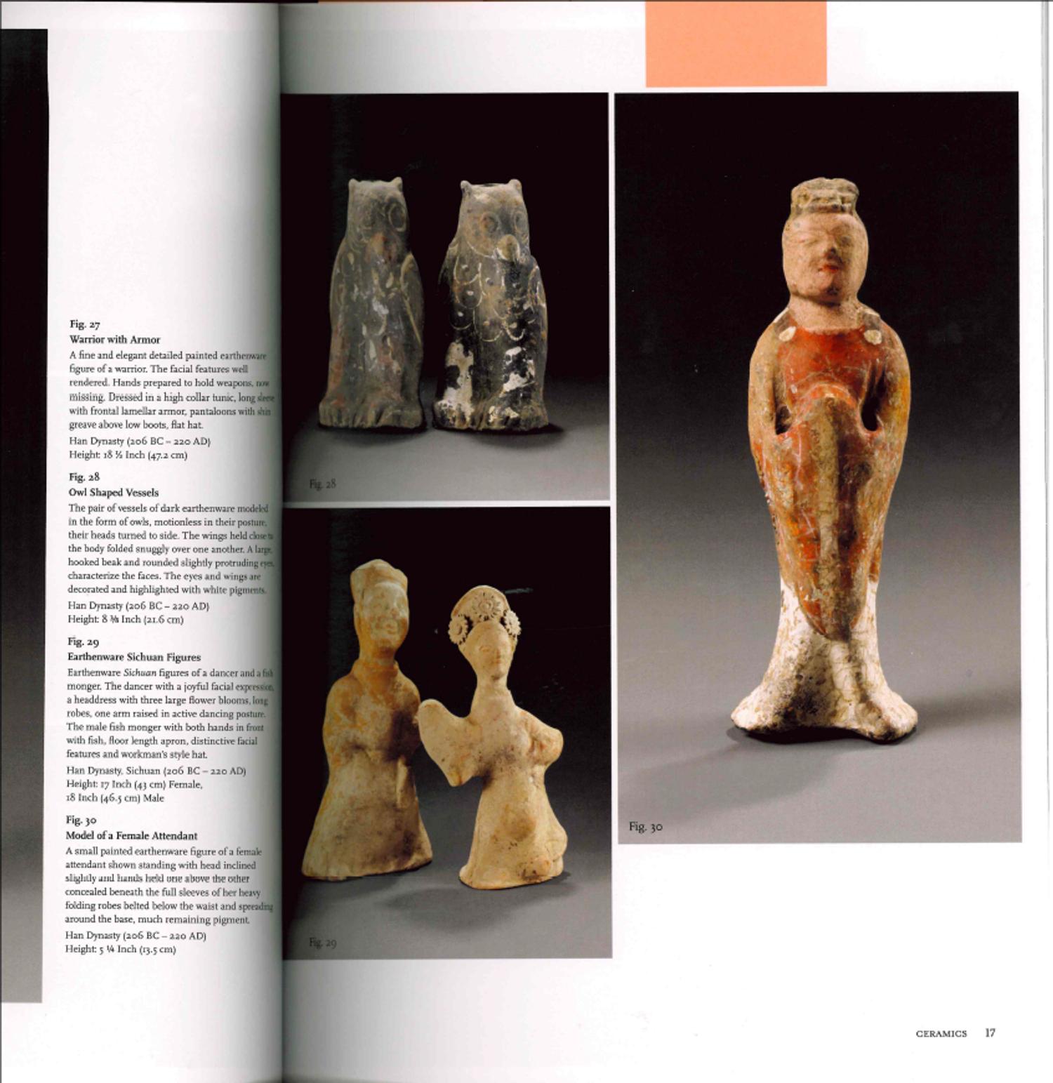 A Pair of Chinese Painted Grey Pottery Owl-Form Vessels, Western Han Dynasty 西漢 彩繪陶鴞尊一對