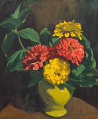 Dahlias in Yellow Vase