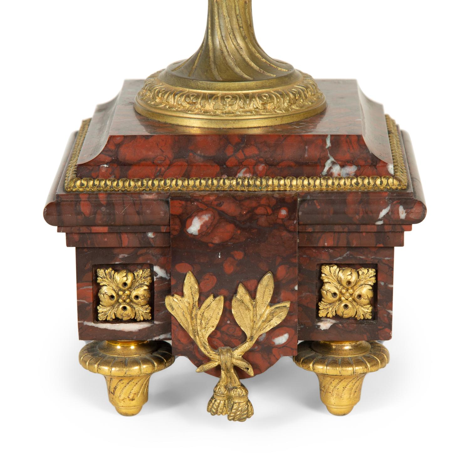 A Pair of French Gilt Bronze and Marble Urn-Form Six-Light Candelabra