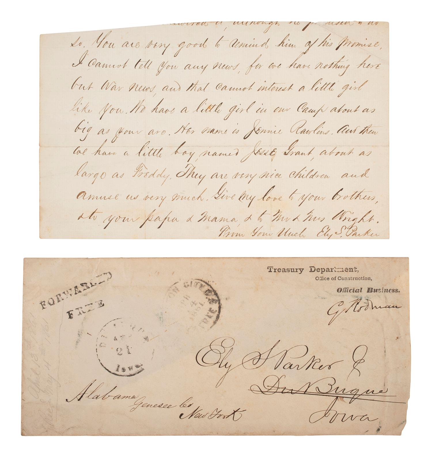 [CIVIL WAR]. PARKER, Ely S. (1828-1895). A group of 3 items, highlighted by war-date letters signed by Ely S. Parker, one in which he references the children of U.S. Grant and John A. Rawlins.