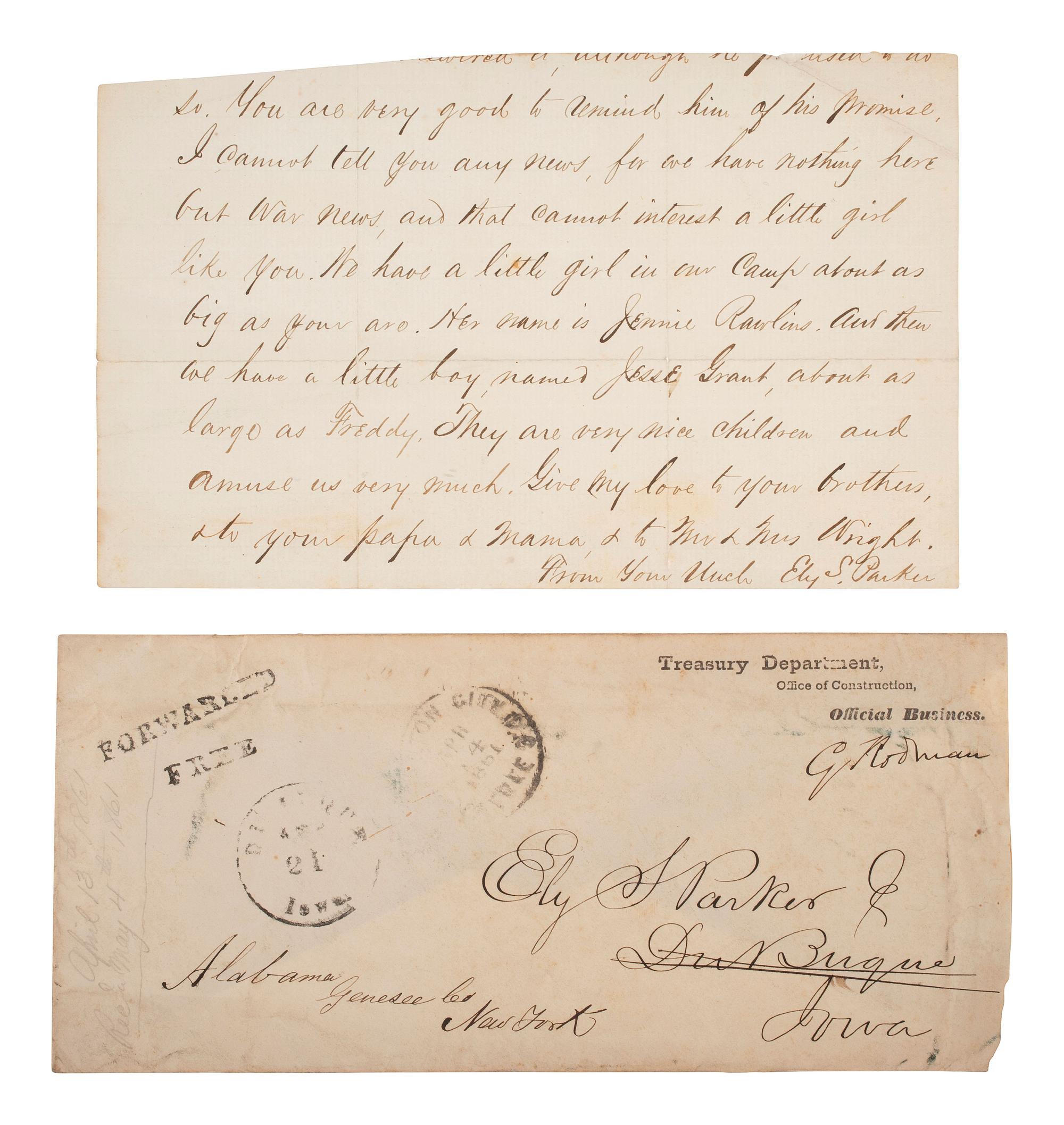 [CIVIL WAR]. PARKER, Ely S. (1828-1895). A group of 3 items, highlighted by war-date letters signed by Ely S. Parker, one in which he references the children of U.S. Grant and John A. Rawlins.