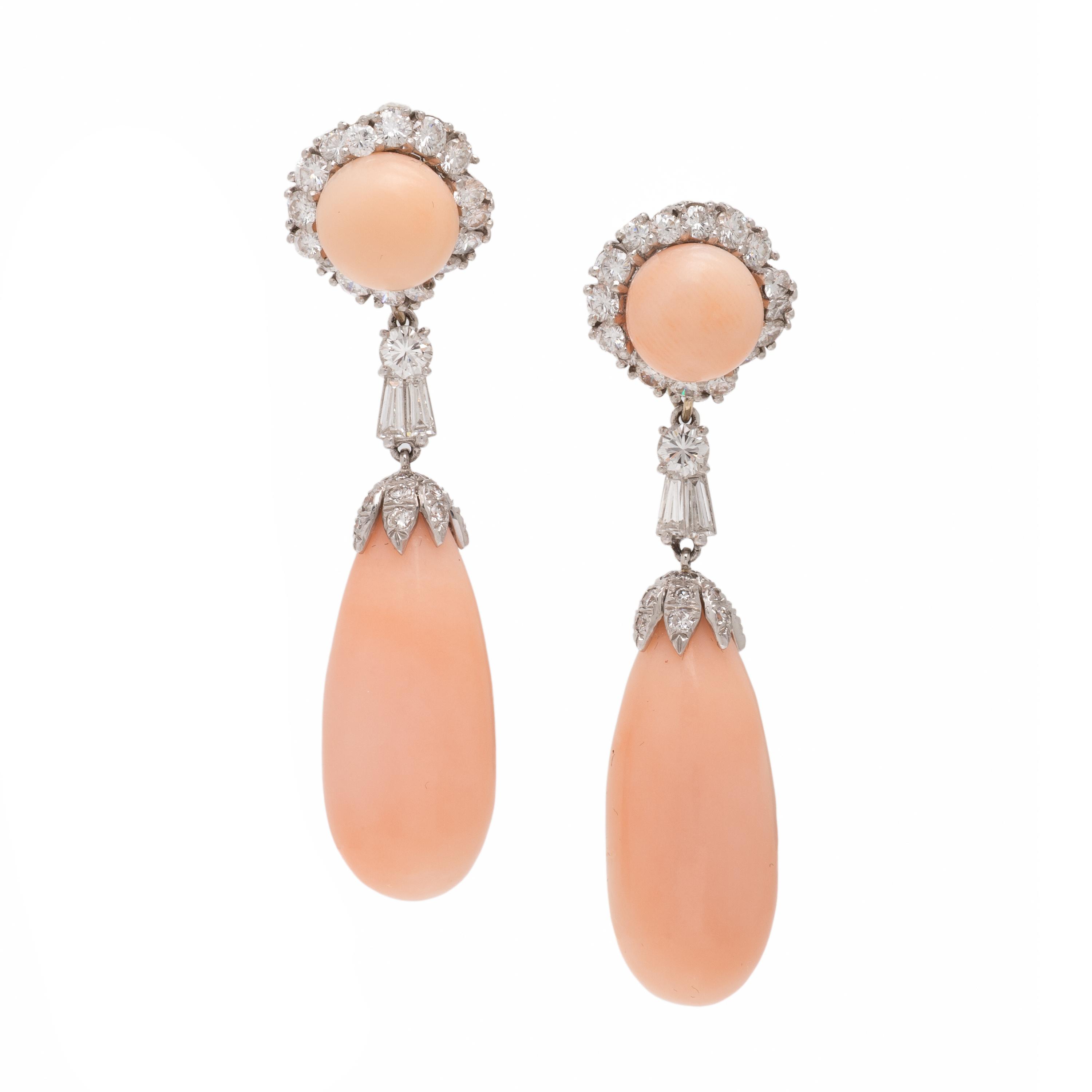 Coral, Diamond, and Platinum Convertible Earrings