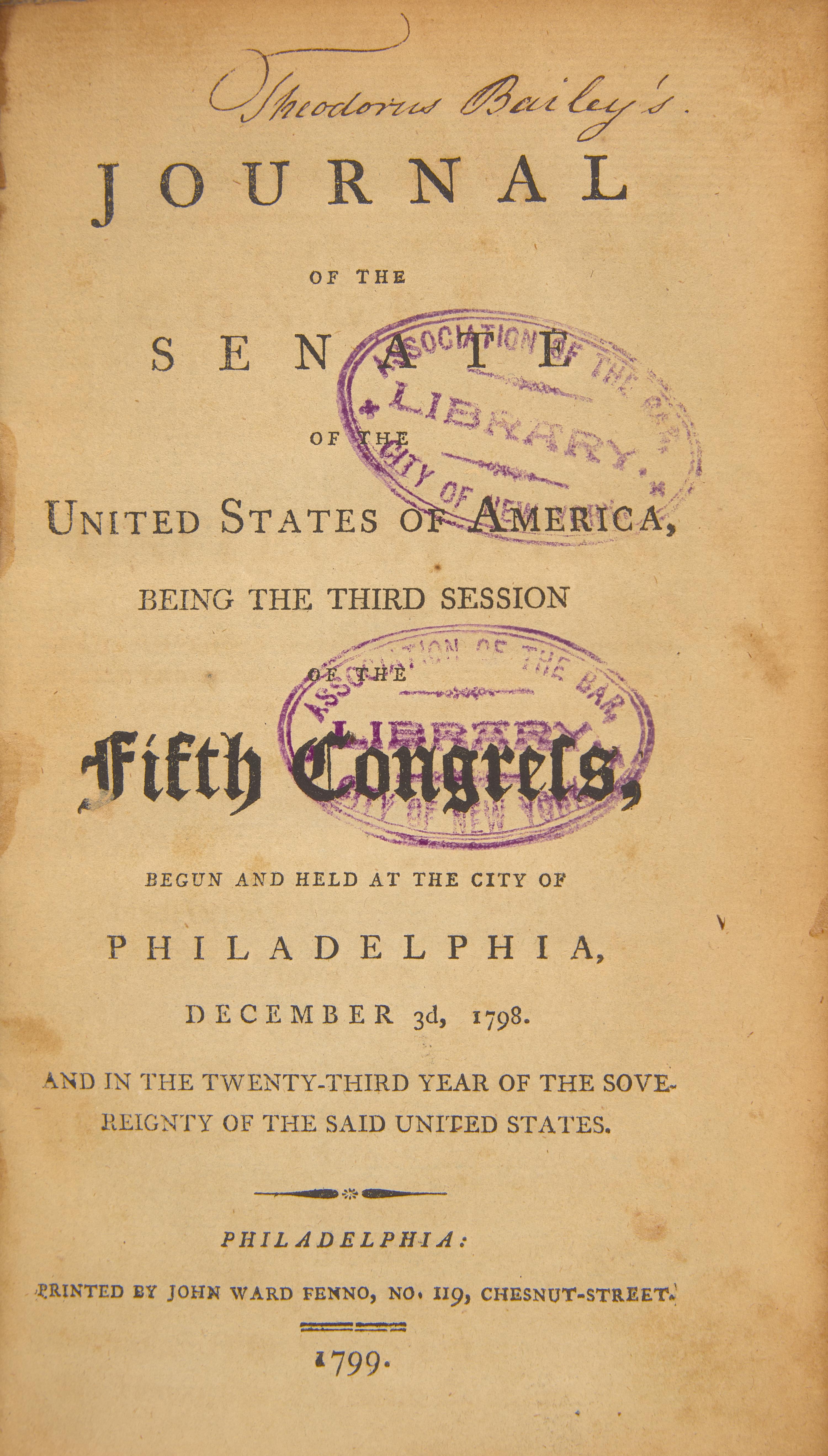 [American Law] Group of 3 Senate Journals, 1795-98, Owned by Two Early New York Politicians