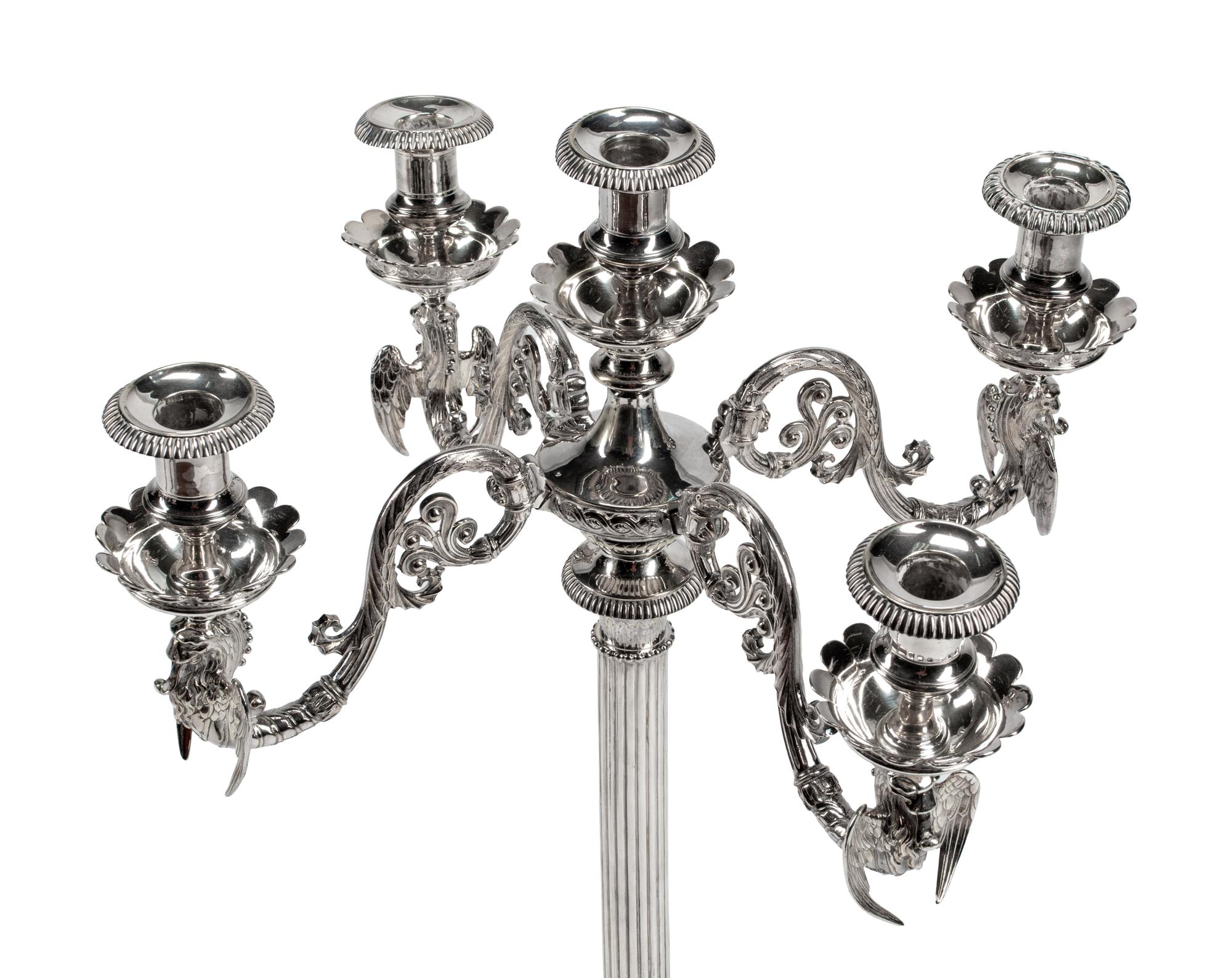 A Pair of Neoclassical Silver-Plate Five-Light Candelabra