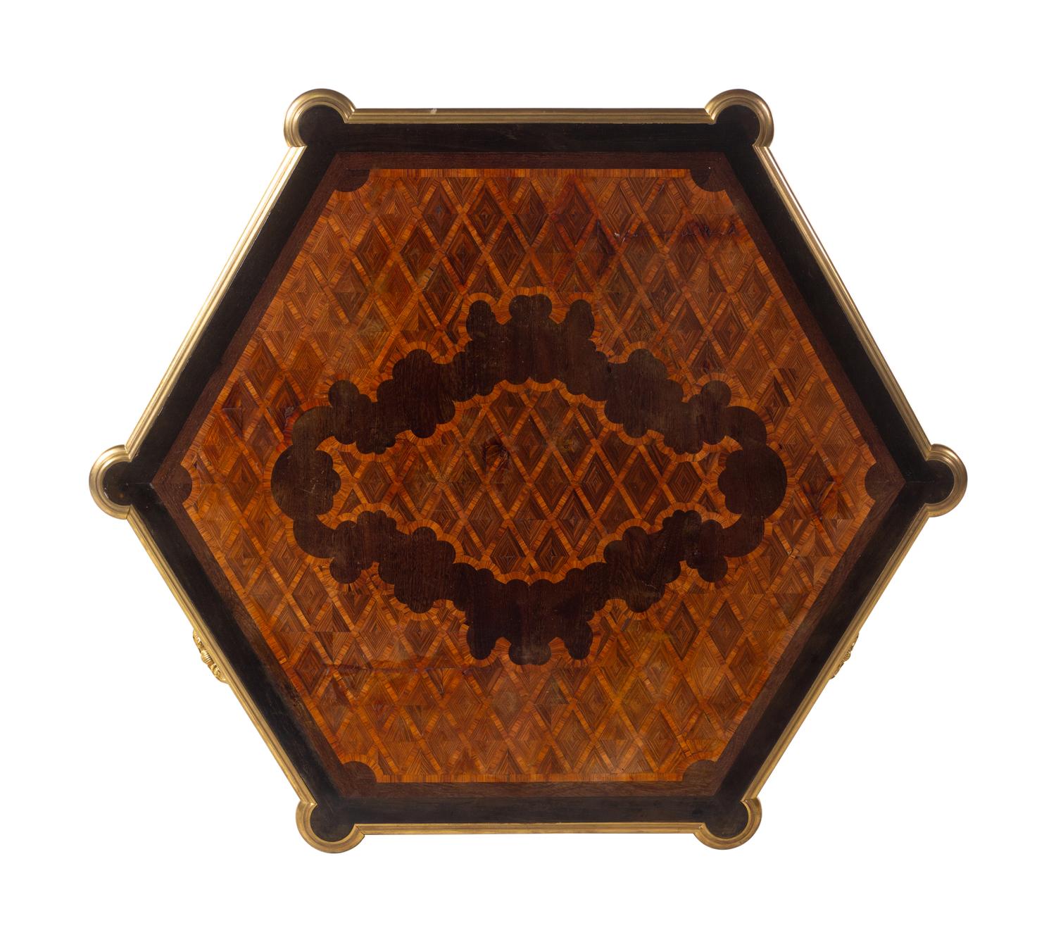 A Neoclassical Gilt Bronze Mounted Parquetry Hexagonal Center Table