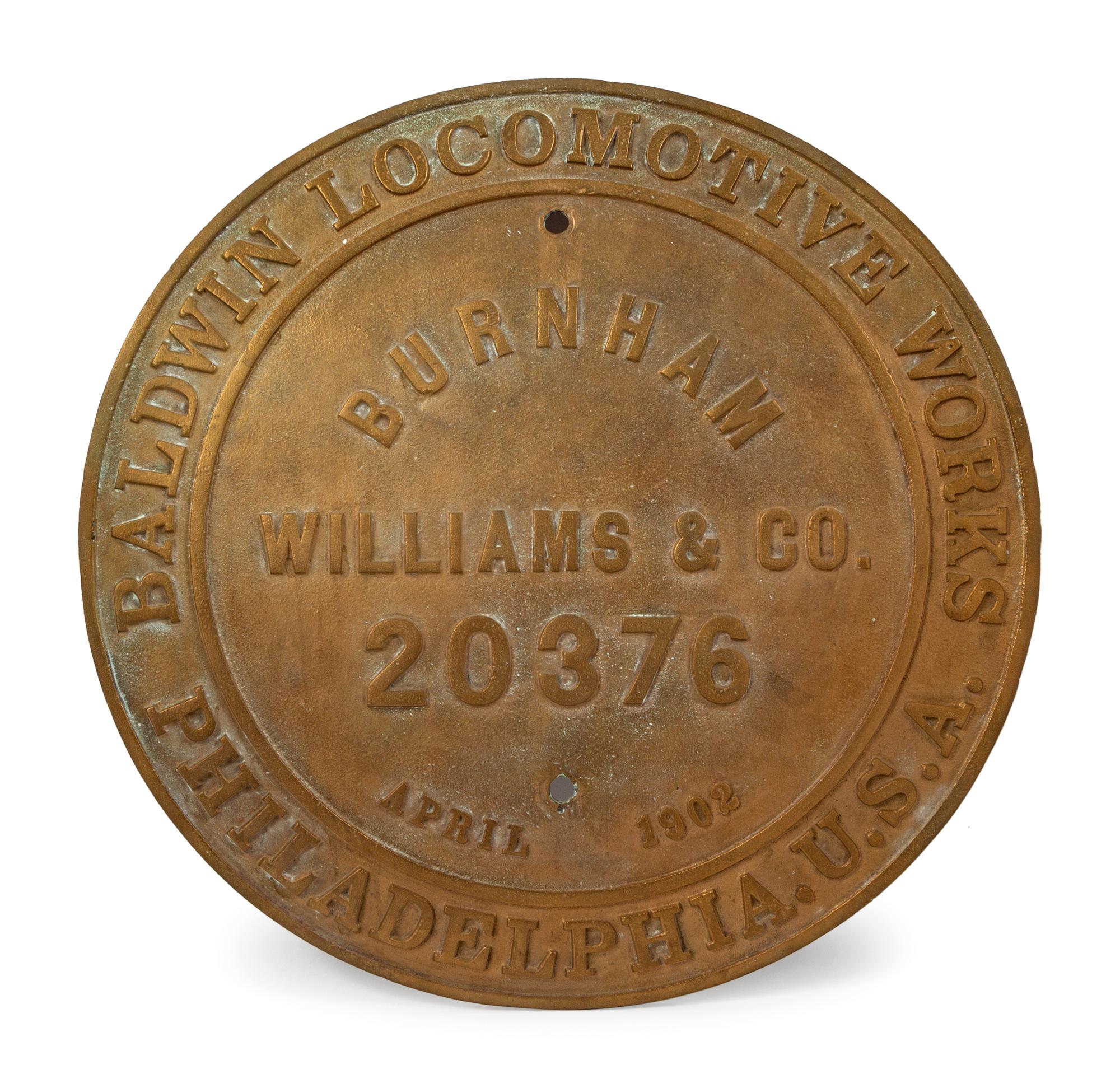 A Baldwin Locomotive Works: Philadelphia Bronze Locomotive Plaque for Burnhan Williams & Co.,