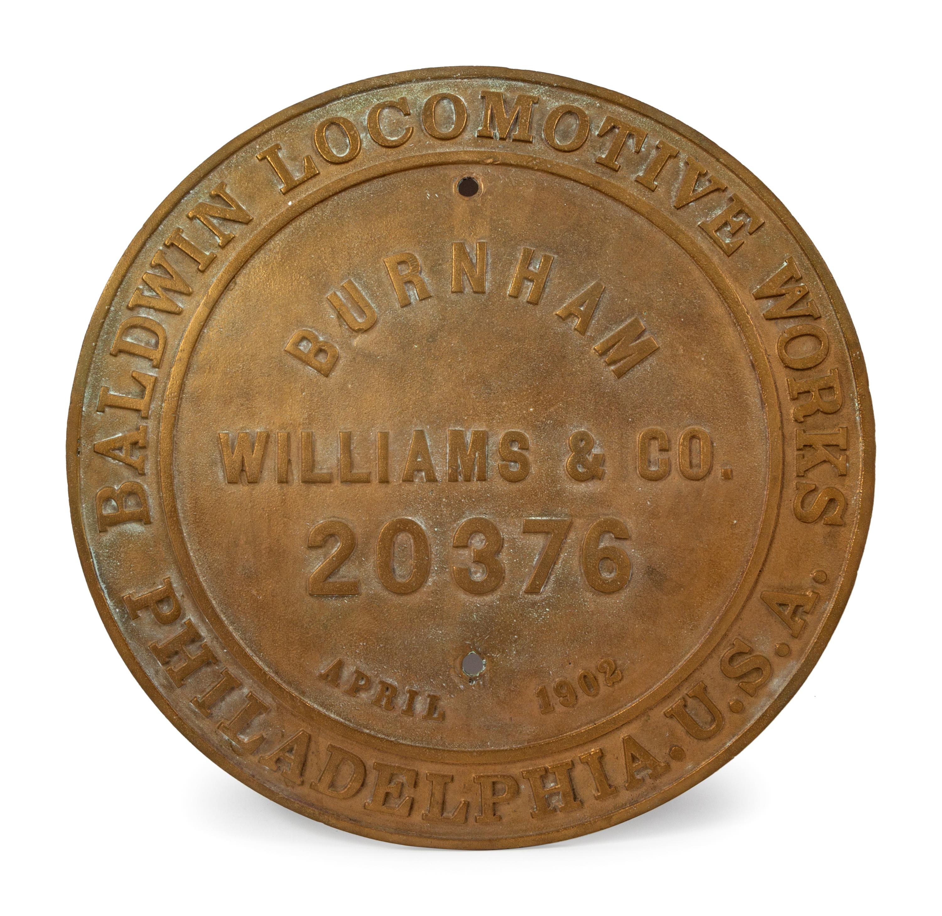 A Baldwin Locomotive Works: Philadelphia Bronze Locomotive Plaque for Burnhan Williams & Co.,