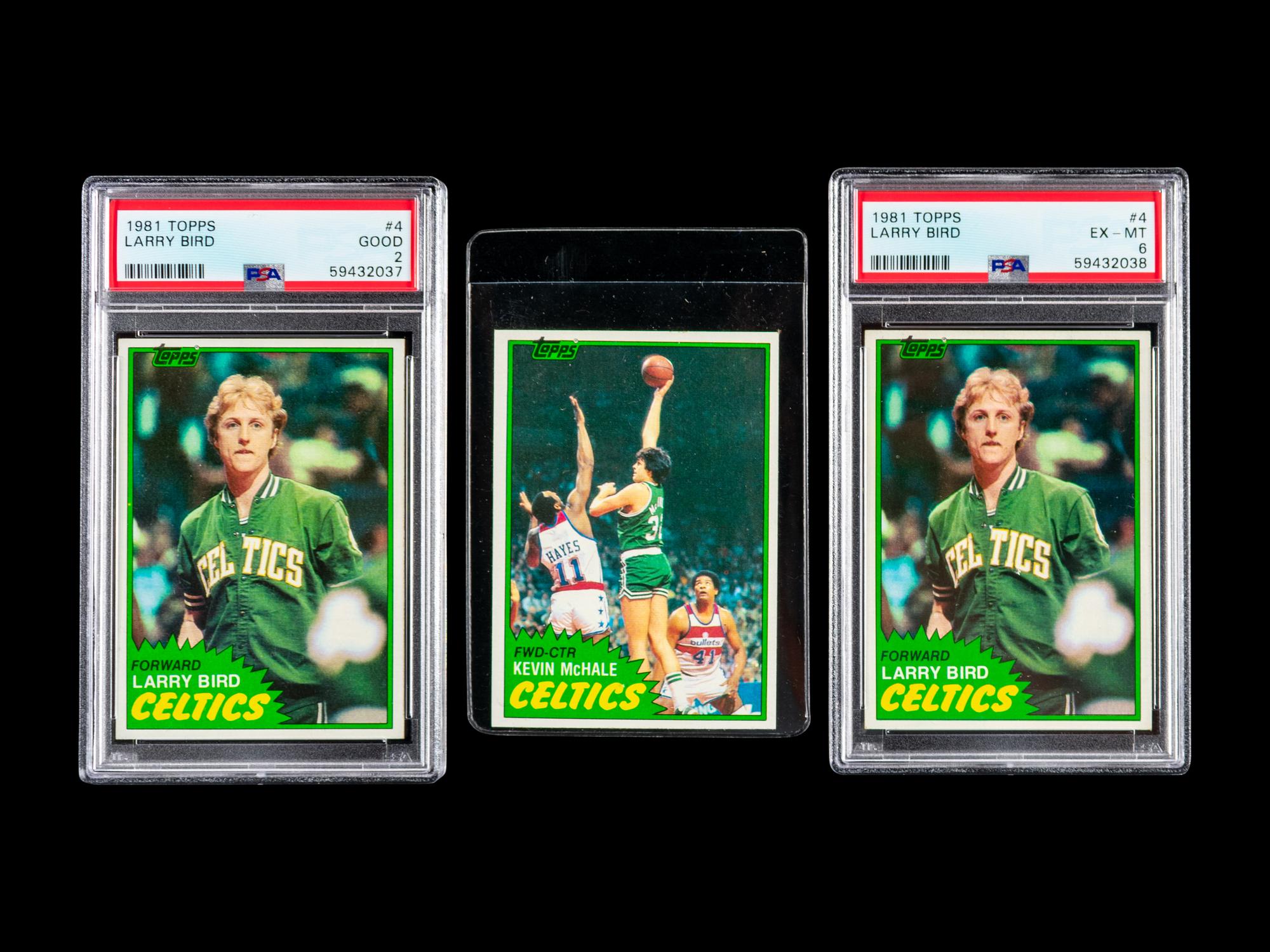 A Group of Two 1981 Topps Basketball Cards (Including Two Larry Bird PSA Graded (PSA 6 and PSA 2) and One Kevin McHale Rookie Basketball Cards,