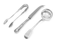 A Group of Three English Silver Serving Articles, Various Makers, comprising a George IV silver sauce ladle, William Chawner II, London