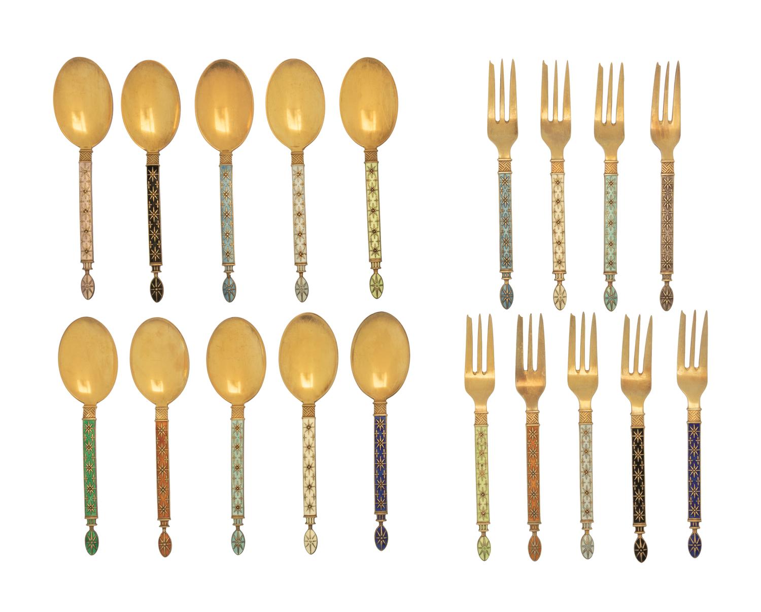A Group of Norwegian Enameled Silver Flatware