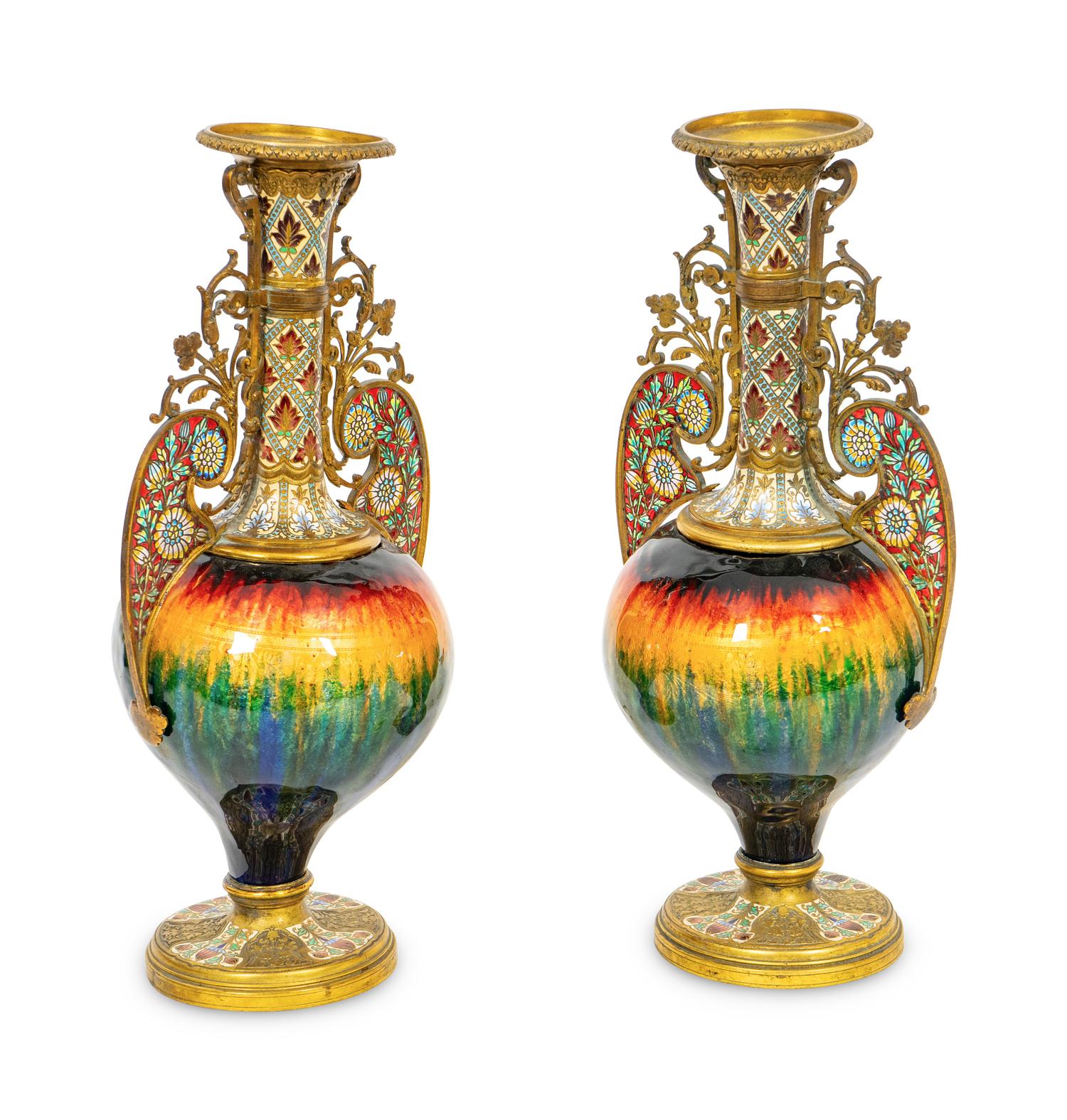 A Pair of French Gilt Bronze, Champlevé Enamel and Plique a Jour Baluster Vases