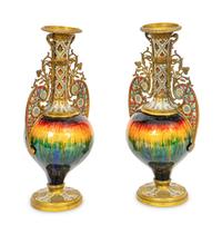 A Pair of French Gilt Bronze, Champlevé Enamel and Plique a Jour Baluster Vases