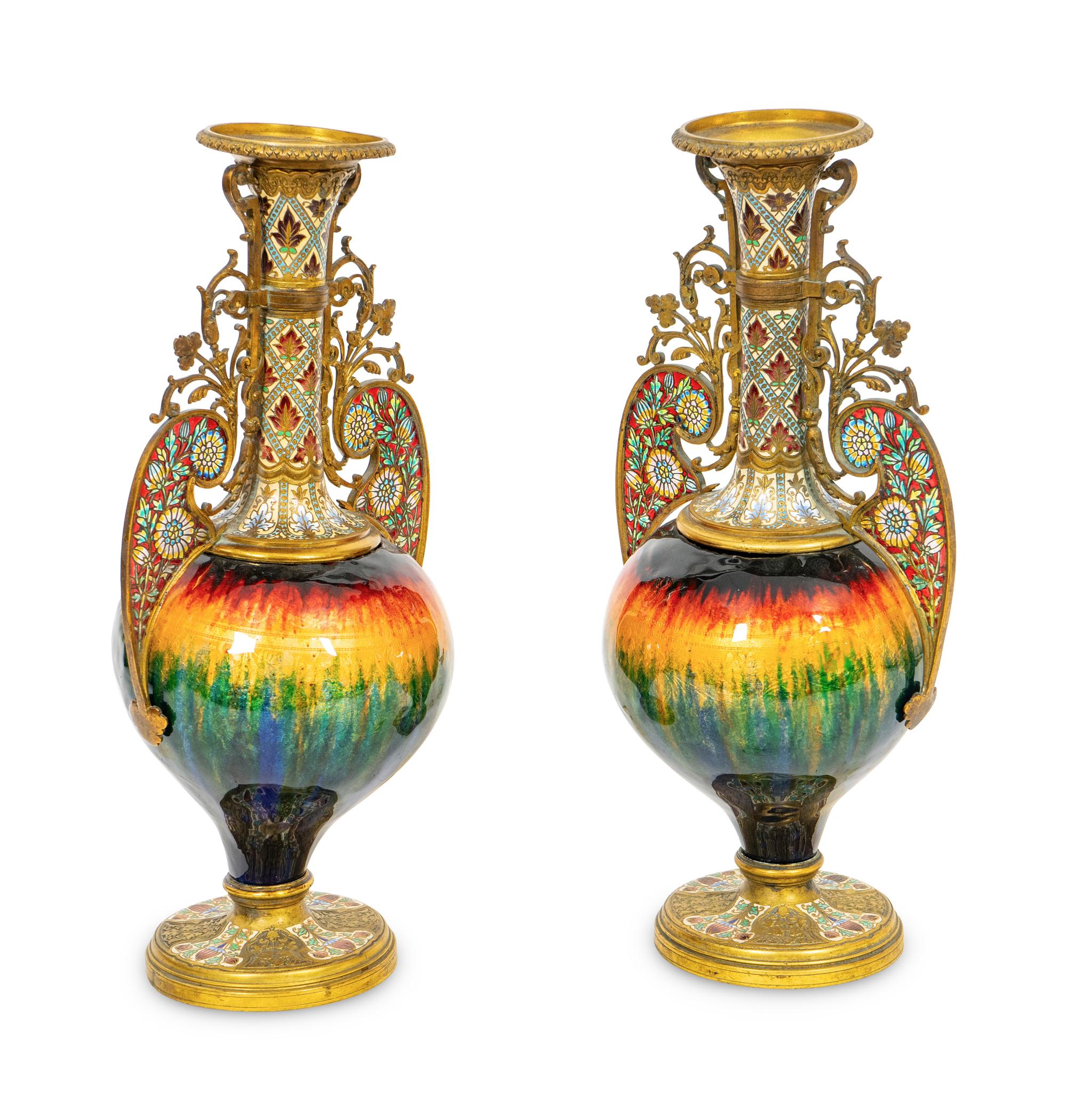 A Pair of French Gilt Bronze, Champlevé Enamel and Plique a Jour Baluster Vases