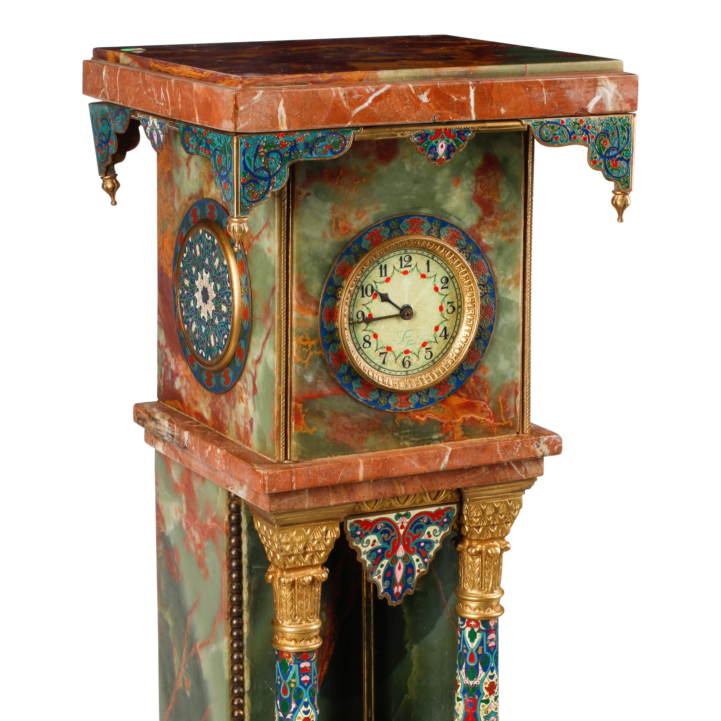 A French Onyx, Marble, Gilt Bronze and Champlevé Clock Pedestal