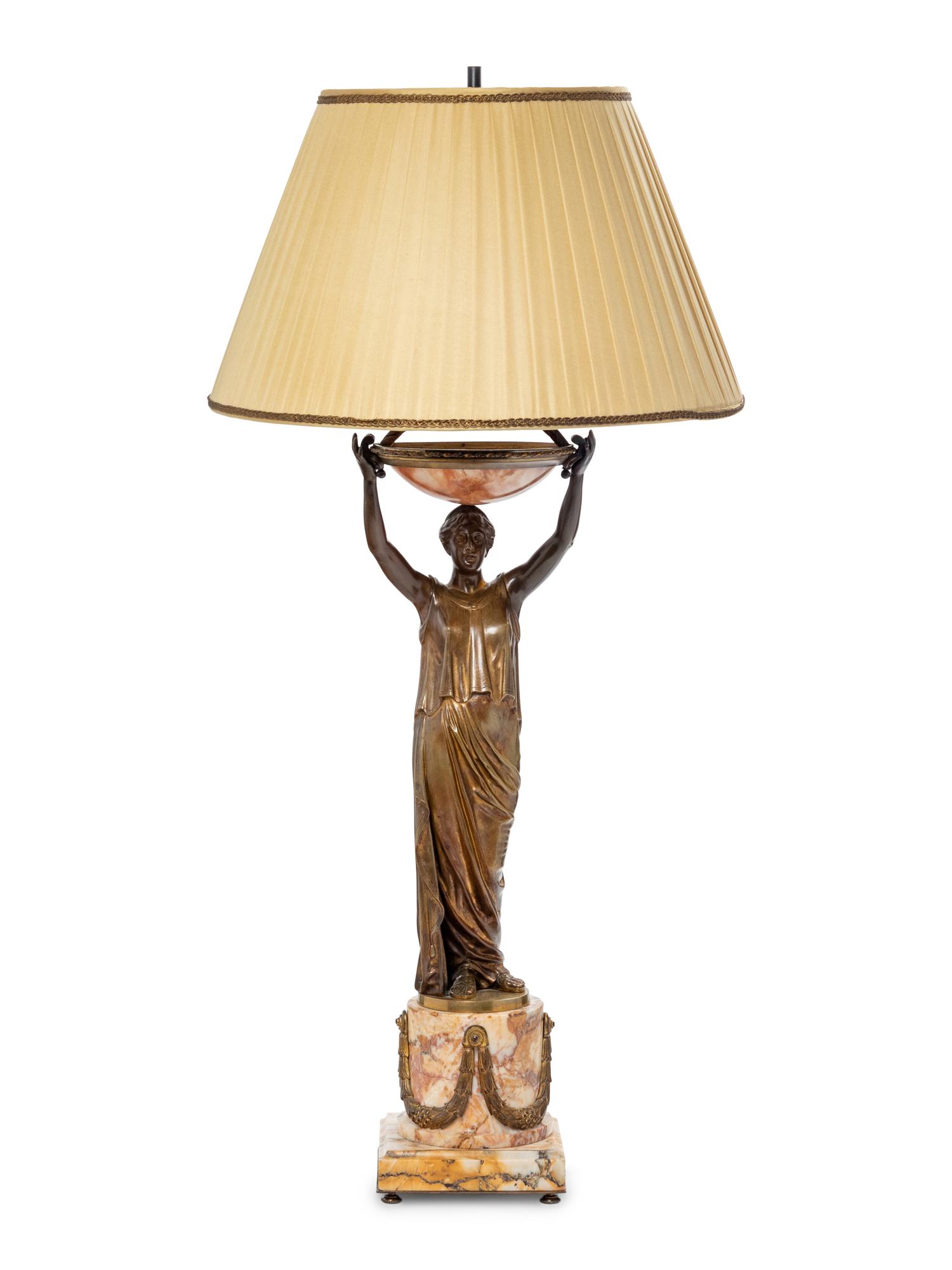 A Continental Gilt Bronze and Onyx Figural Table Lamp