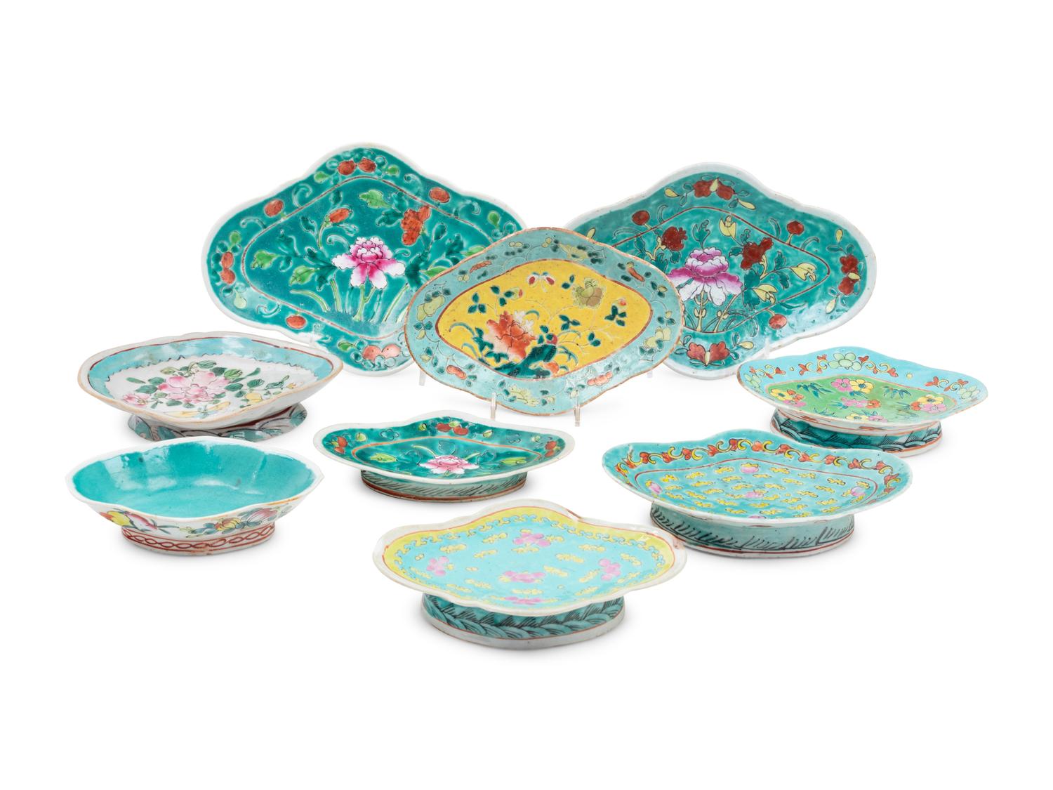 A Group of 26 Chinese Turquoise Ground Famille Rose Porcelain Serving Dishes