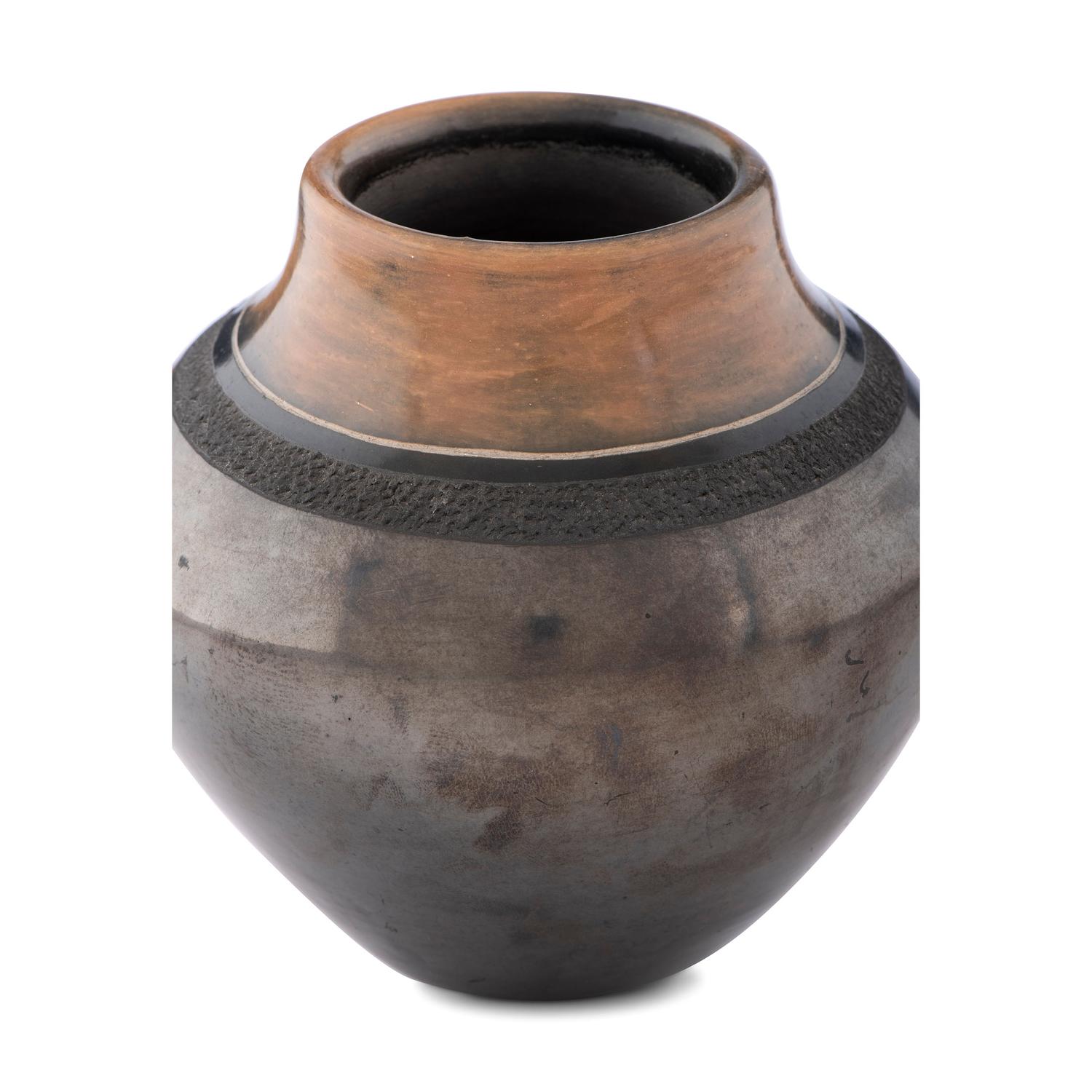 Black and Sienna Pottery Jar, with Gunmetal Finish