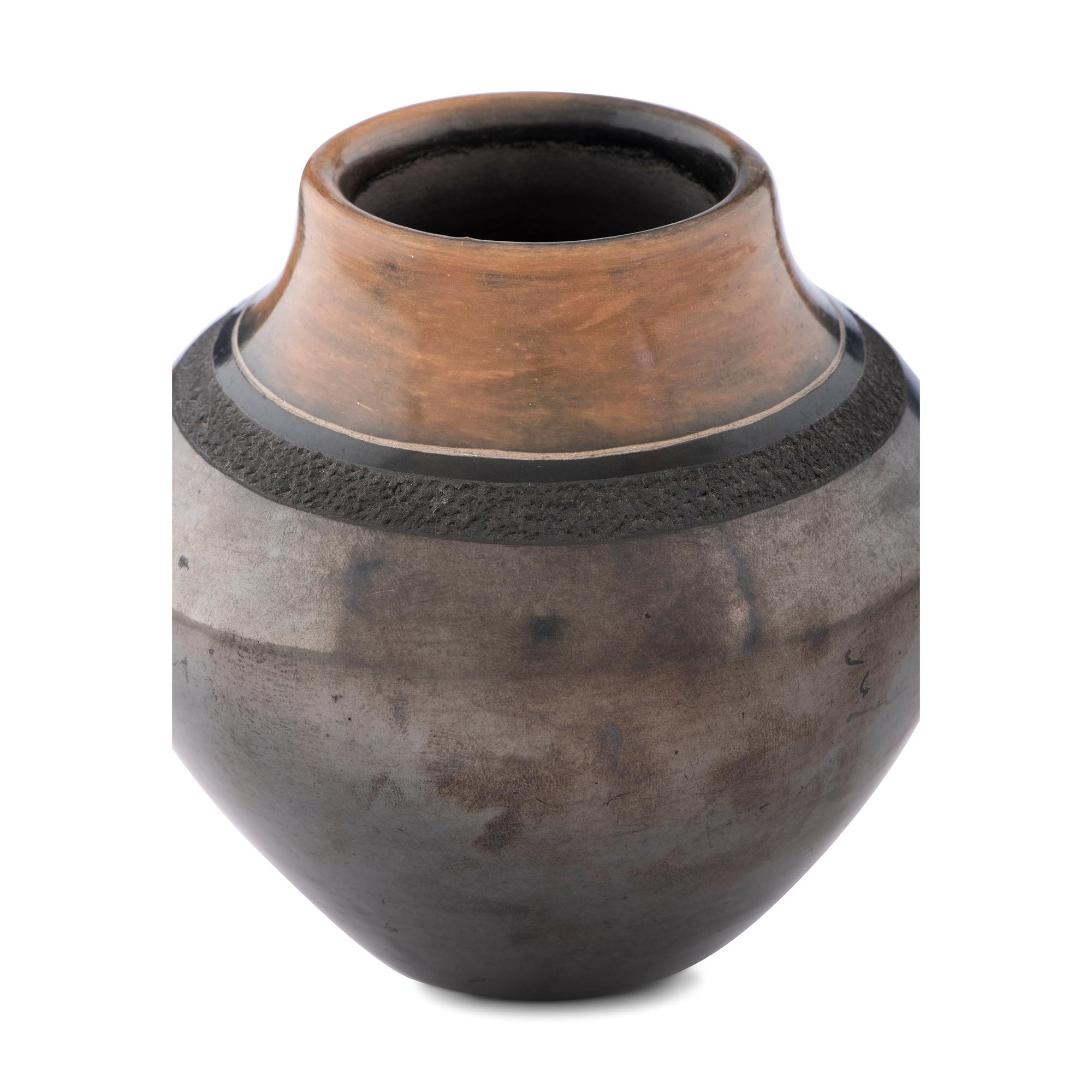Black and Sienna Pottery Jar, with Gunmetal Finish
