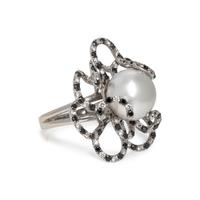 CULTURED PEARL, DIAMOND AND BLACK DIAMOND RING