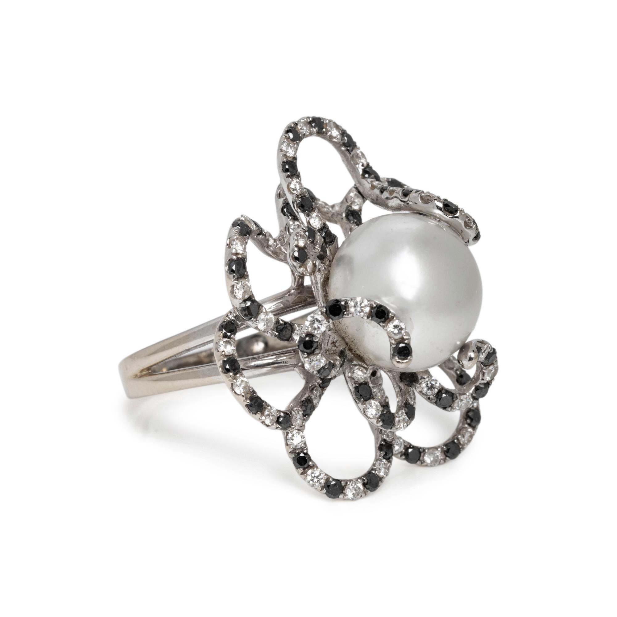 CULTURED PEARL, DIAMOND AND BLACK DIAMOND RING