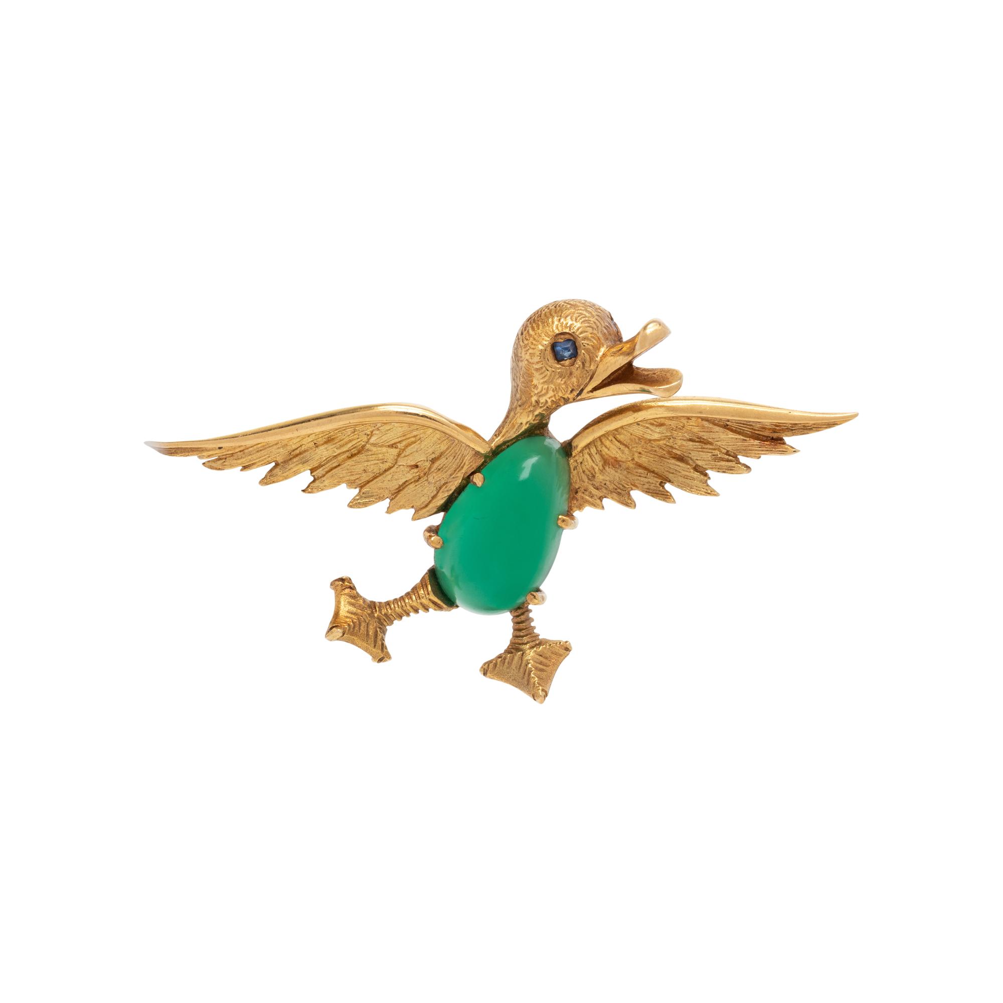 FRENCH, YELLOW GOLD AND MULTIGEM DUCK BROOCH
