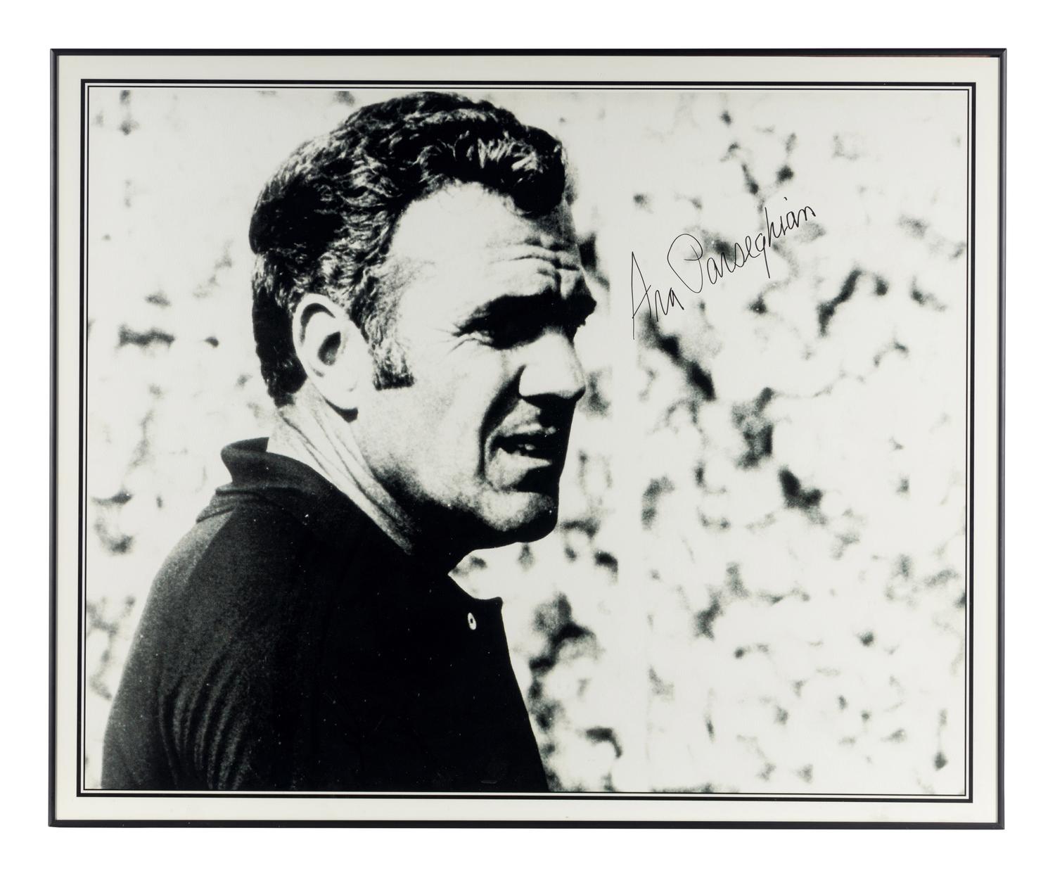 A 1970 Notre Dame Team Signed Autograph Football and Ara Parseghian Signed Large Format Photograph (Beckett Authentication Services BAS Certified)