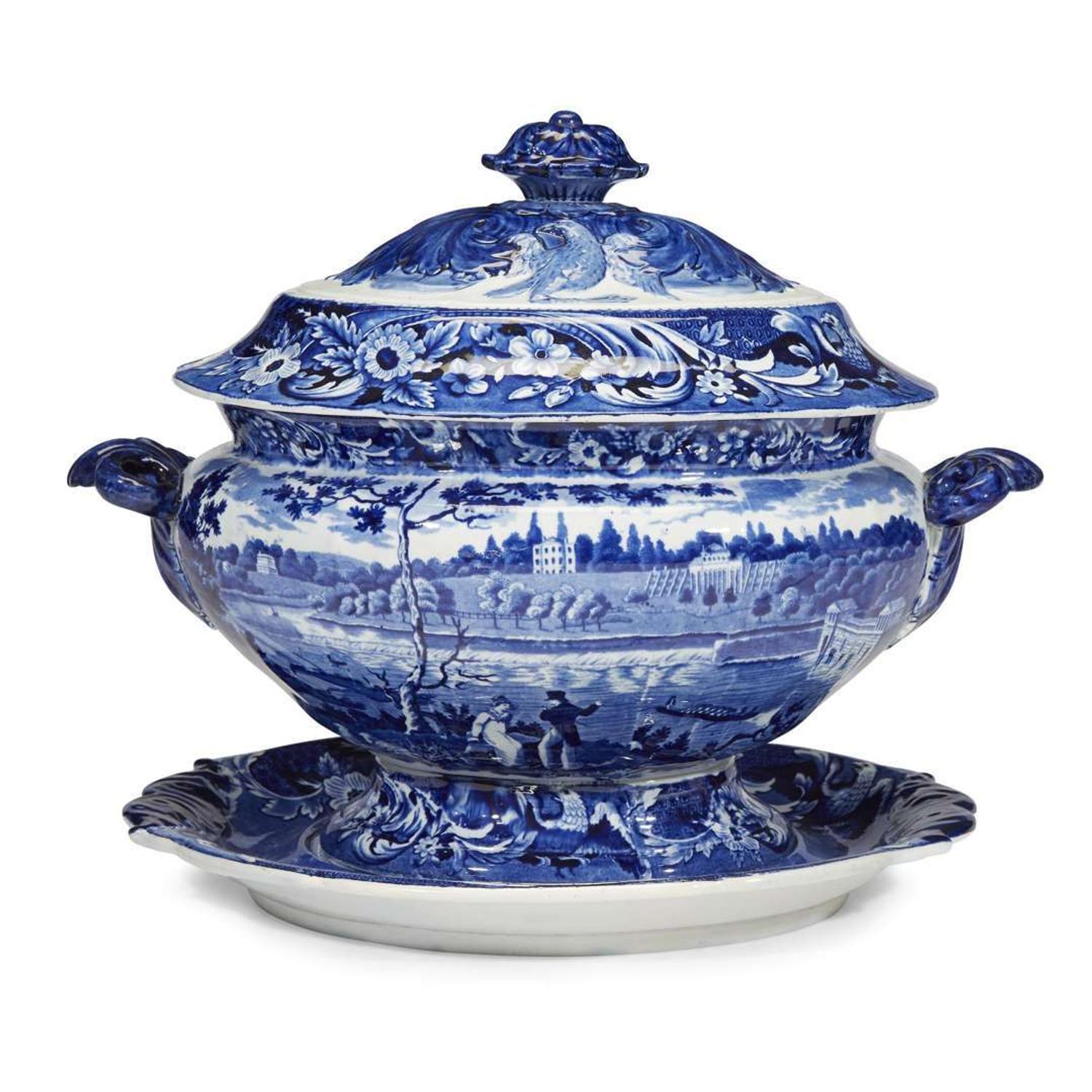 Historical Blue Staffordshire 'Fair Mount Near Philadelphia' soup tureen and stand Joseph Stubbs, Burslem, circa 1830
