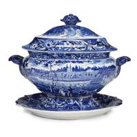 Historical Blue Staffordshire 'Fair Mount Near Philadelphia' soup tureen and stand Joseph Stubbs, Burslem, circa 1830
