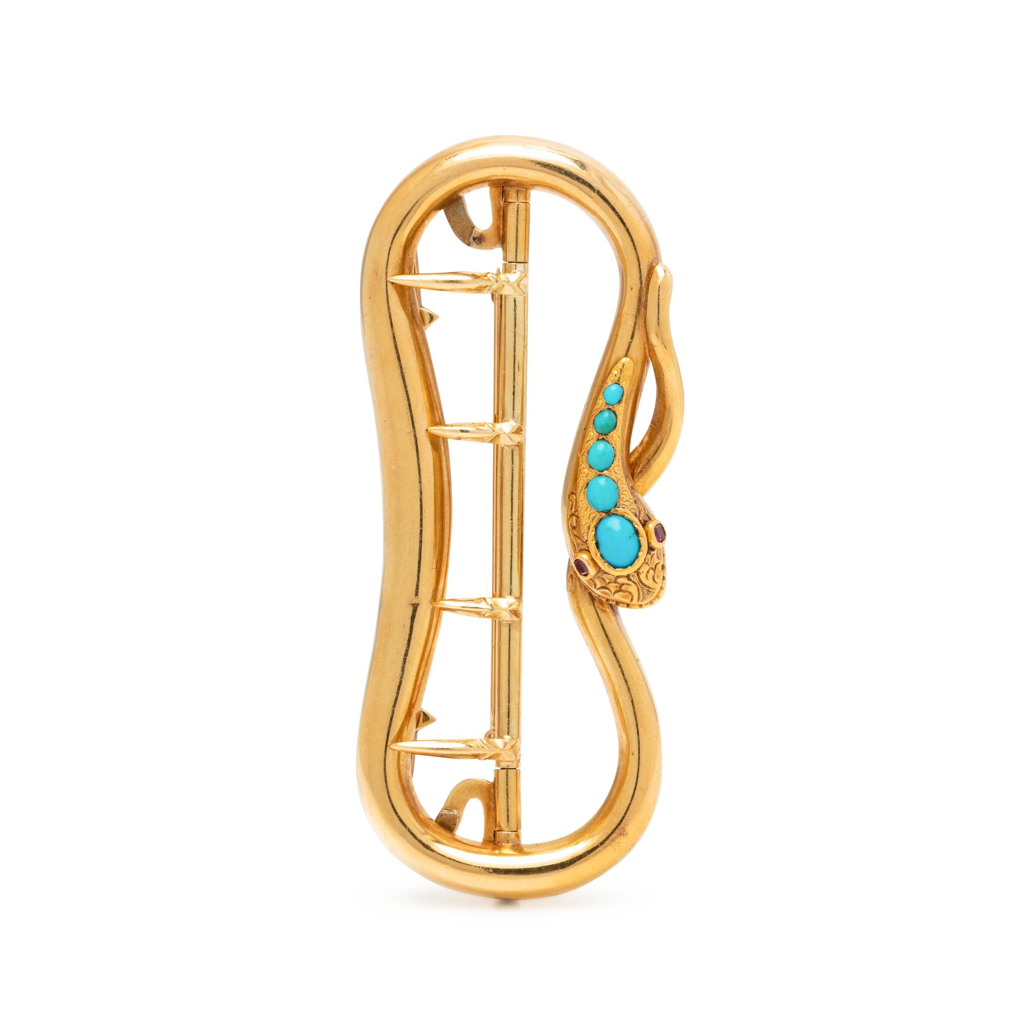 VICTORIAN, YELLOW GOLD AND TURQUOISE SNAKE BUCKLE/BROOCH