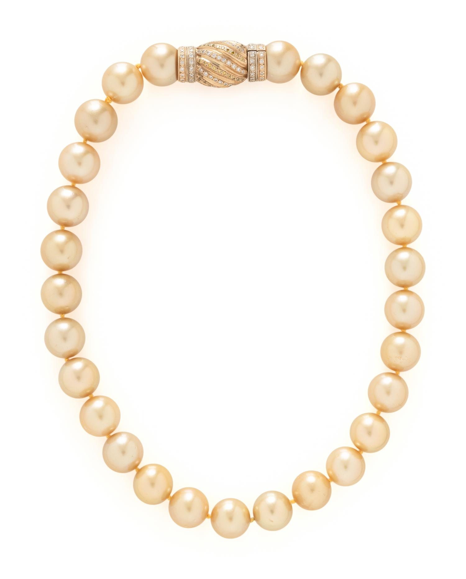 GOLDEN CULTURED PEARL, DIAMOND, AND YELLOW DIAMOND NECKLACE