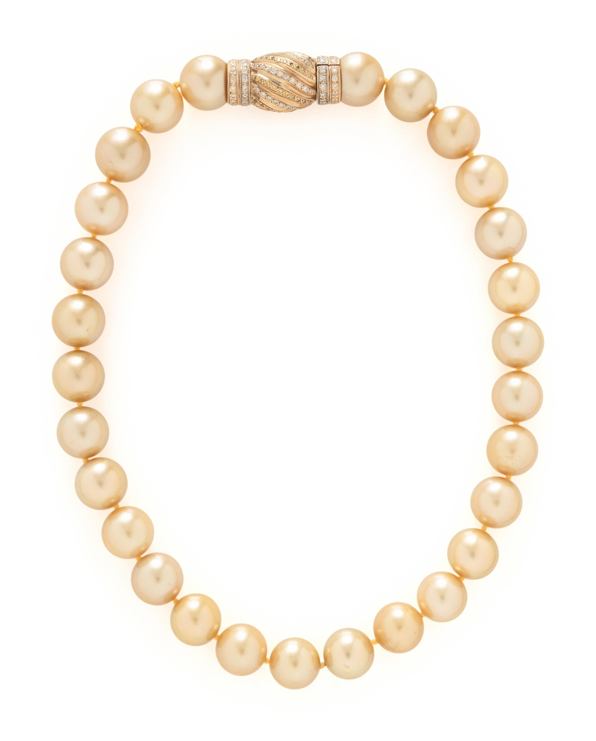GOLDEN CULTURED PEARL, DIAMOND, AND YELLOW DIAMOND NECKLACE