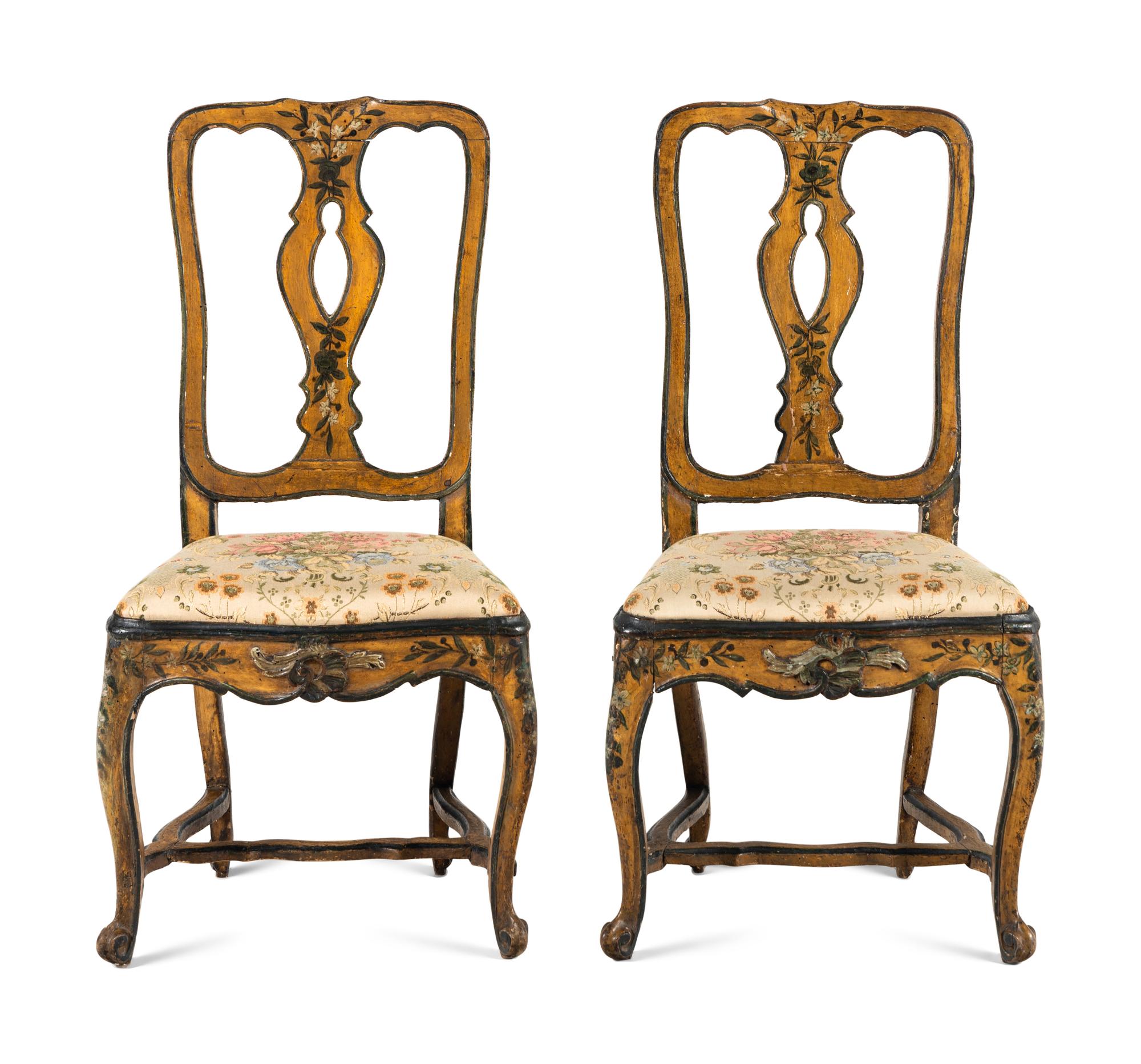 A Pair of North Italian Polychrome Painted Side Chairs