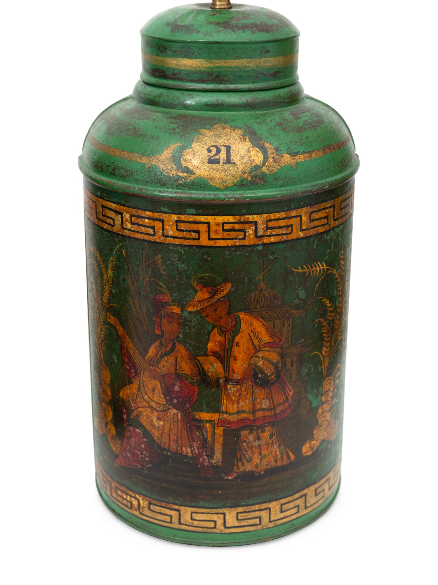 A Group of Three English Painted Tole Chinoiserie Tea Canisters