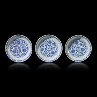 Three Chinese Blue and White Porcelain 'Lotus' Dishes, 19th Century — 清晚期 青花纏枝蓮紋碟三件