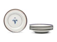 A Set of Six Chinese Export Cobalt and Parcel Gilt Urn Decorated Porcelain Dinner Plates