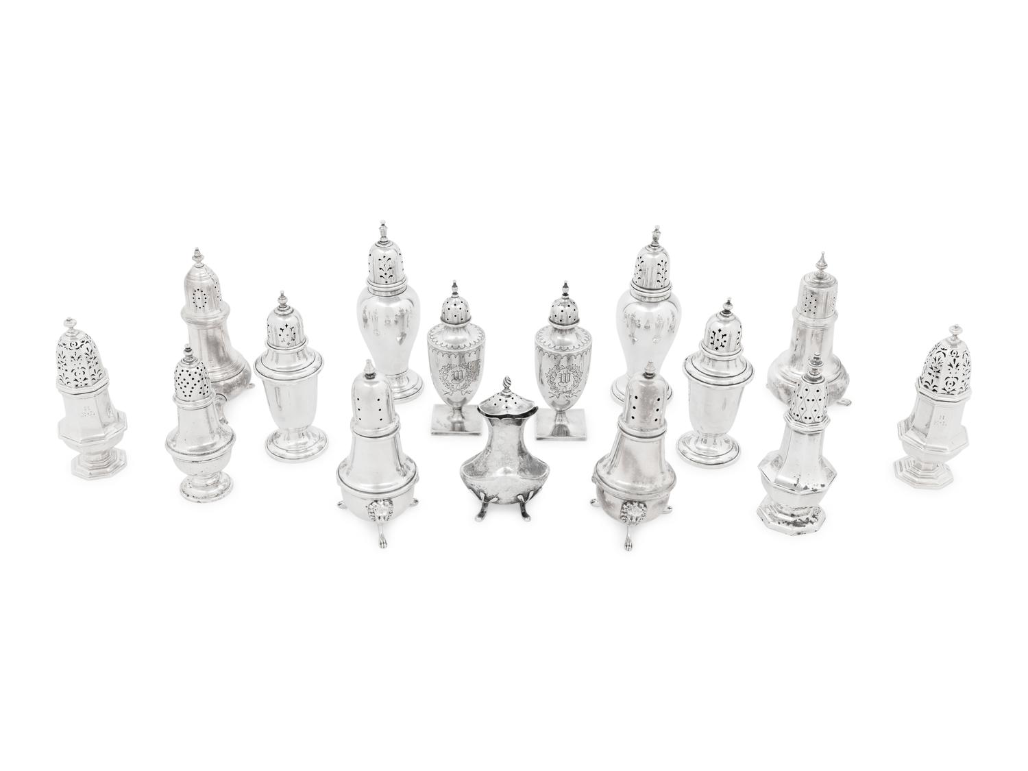 A Collection of Fifteen English and American Silver Casters