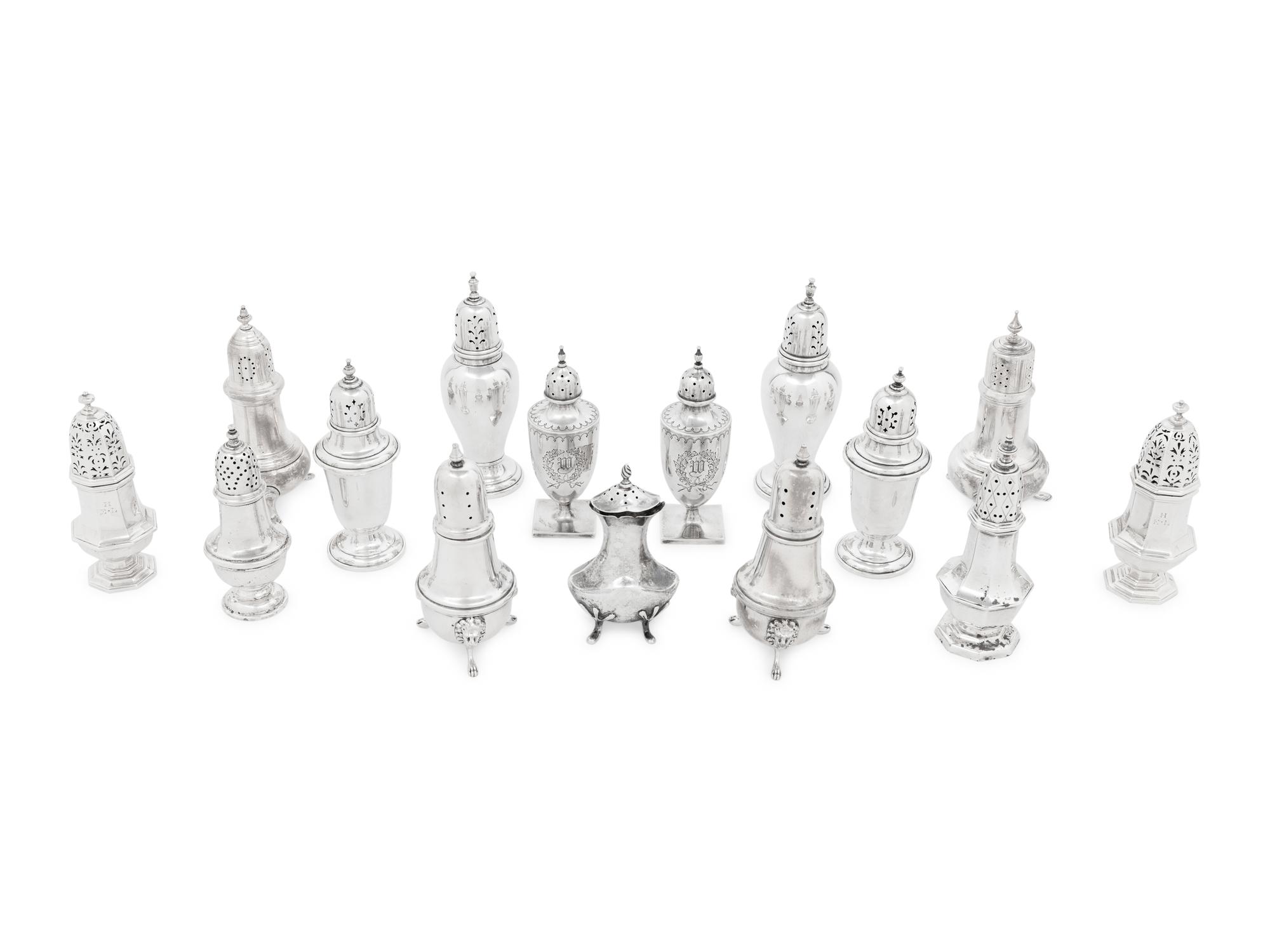 A Collection of Fifteen English and American Silver Casters
