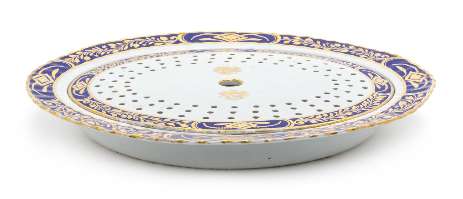 A Chinese Export Porcelain Mazarine Platter and Strainer Width 17 1/8 inches.