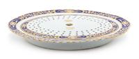 A Chinese Export Porcelain Mazarine Platter and Strainer Width 17 1/8 inches.