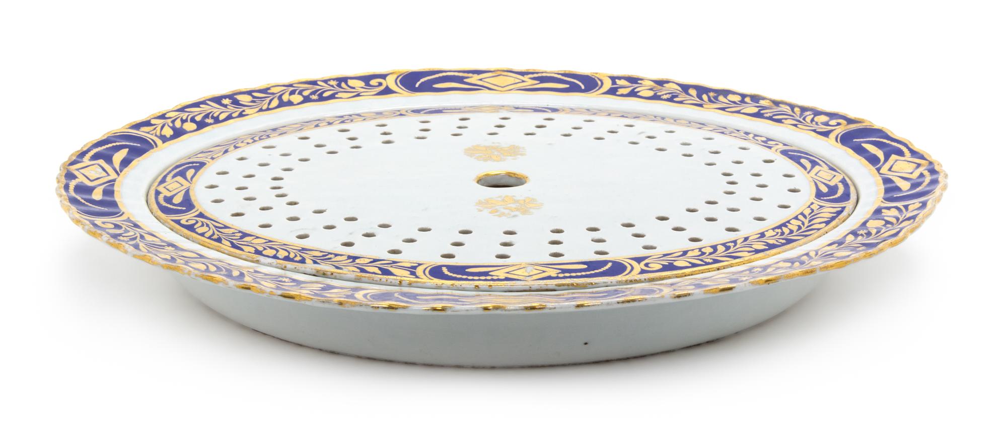 A Chinese Export Porcelain Mazarine Platter and Strainer Width 17 1/8 inches.