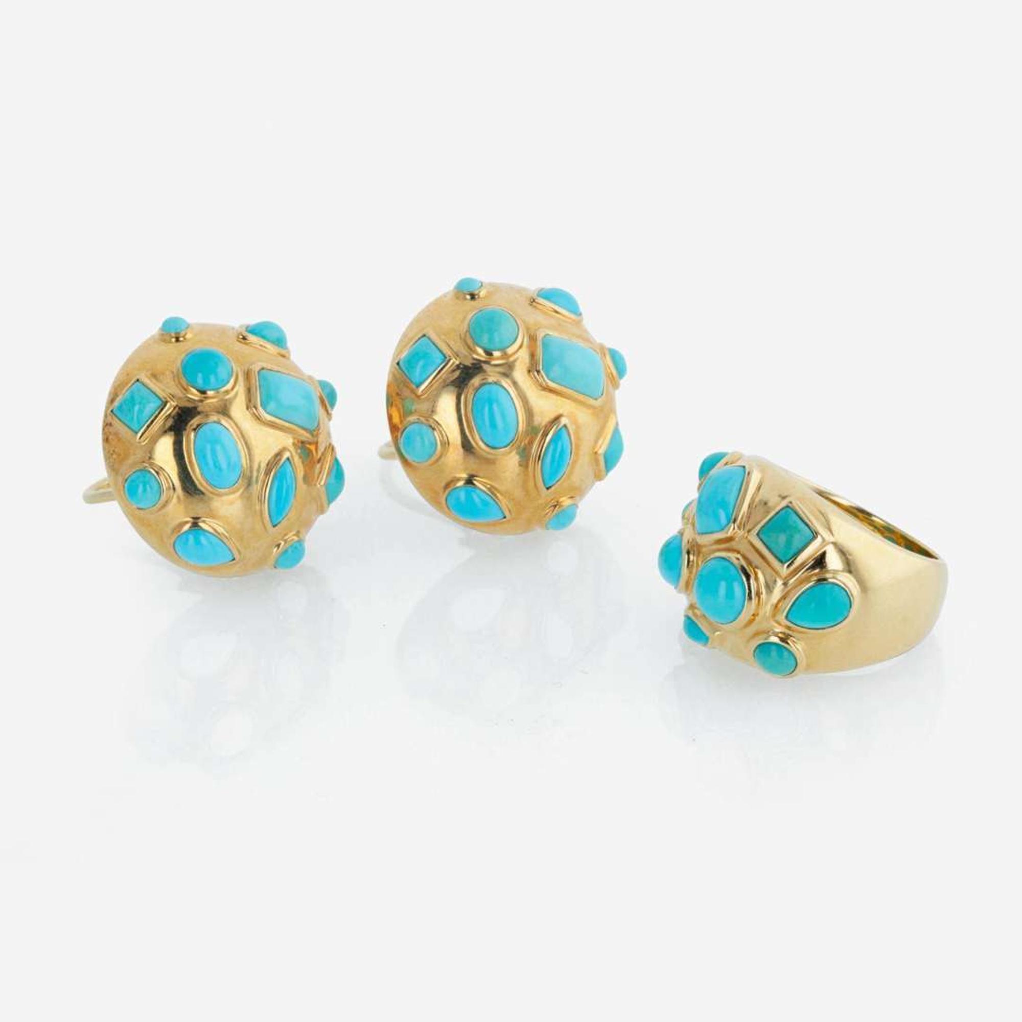 An 18K yellow gold and turquoise ring and earrings suite, Seaman Schepps