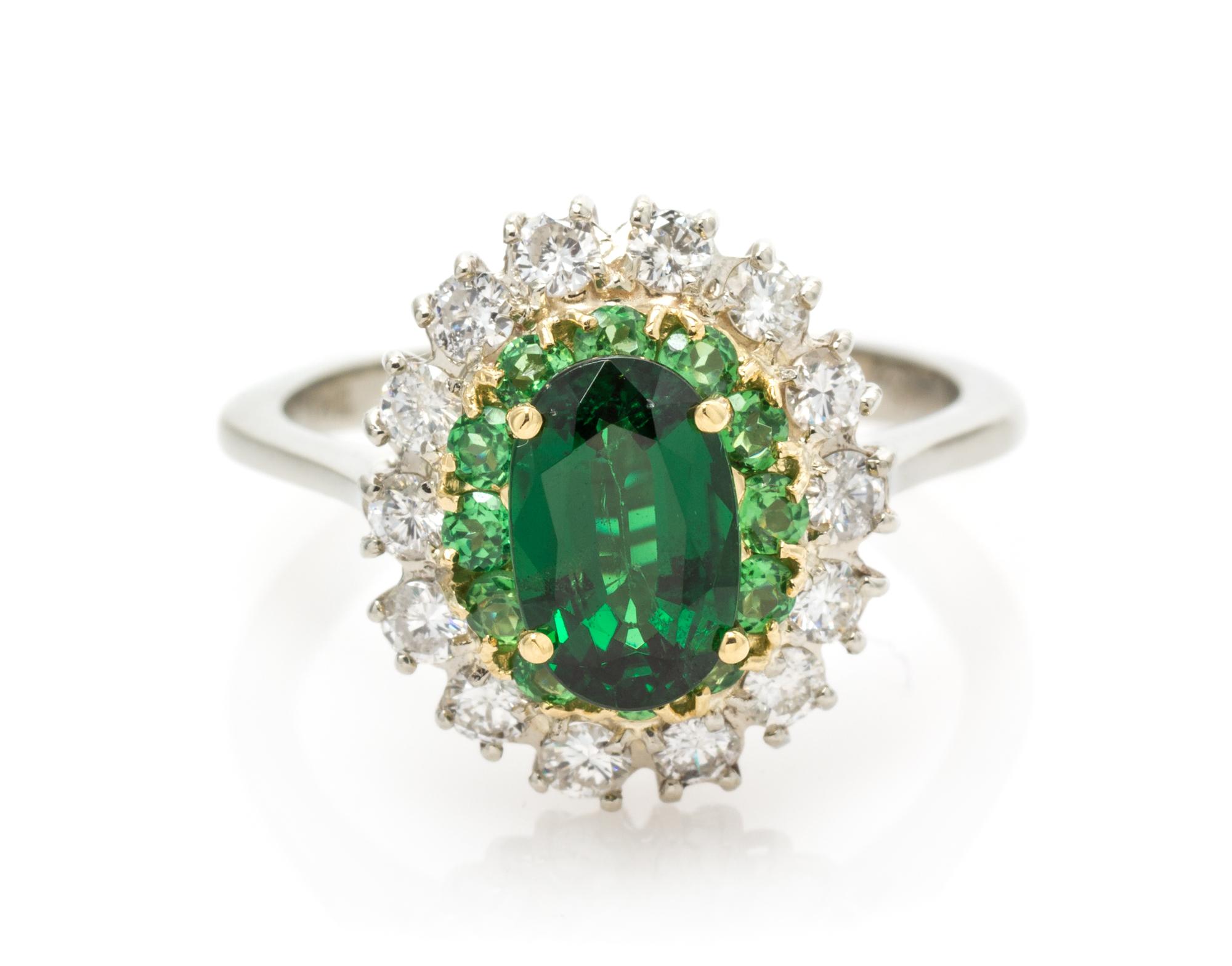 An 18 Karat Bicolor Gold, Tsavorite Garnet and Diamond Ring, Italian, 3.10 dwts.
