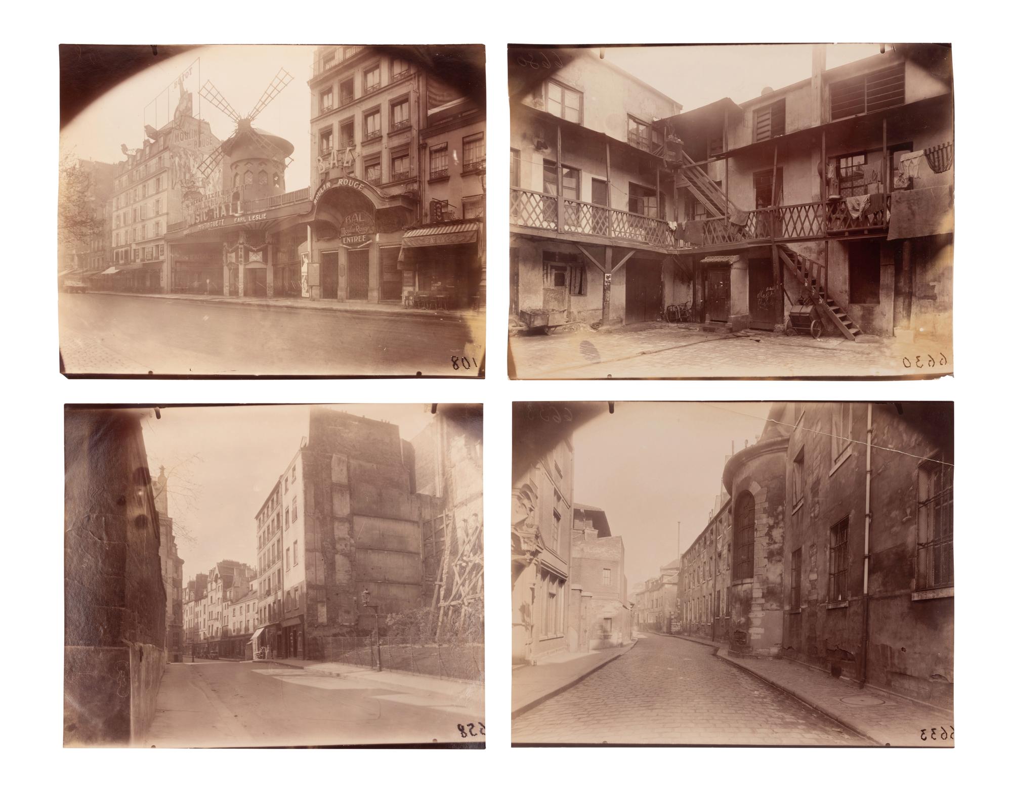 A group of four photographs depicting Paris ( Moulin Rouge [86 boulevard de Clichy] ; Passage Moret, ruelle des Gobelins ; Rue des Prêtres Saint-Séverin, au fond rue Boutebrie; Rue des Gobelins)