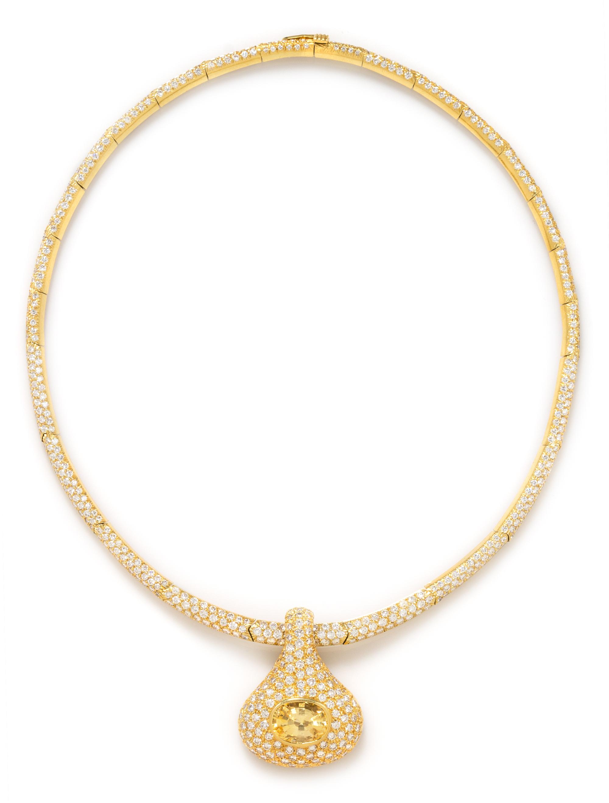 An 18 Karat Yellow Gold, Yellow Sapphire and Diamond Pendant/Necklace, 40.50 dwts.