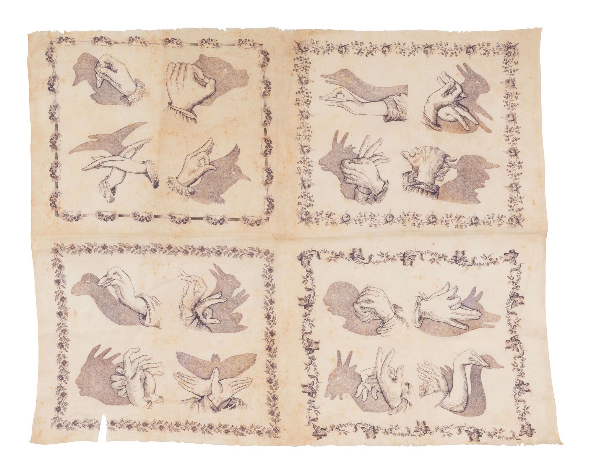 [TEXTILES-SIGN LANGUAGE]. Handkerchief featuring shadowgraphs.