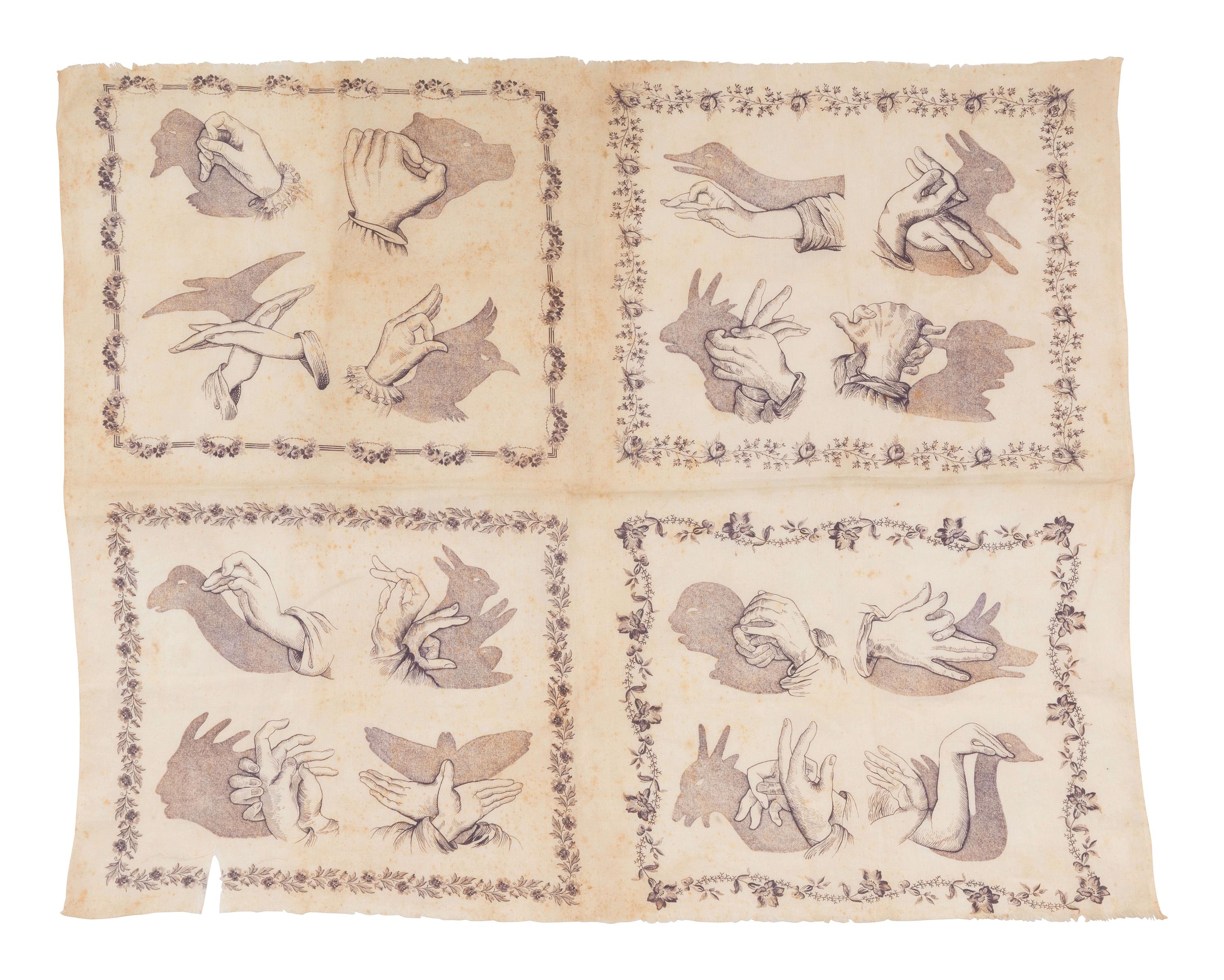 [TEXTILES-SIGN LANGUAGE]. Handkerchief featuring shadowgraphs.